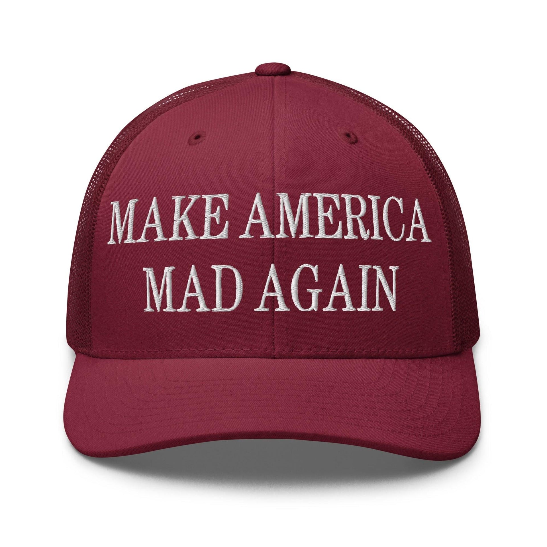 Make America Mad Again Embroidered Mesh Trucker Hat Cranberry Capital Crowns LADs Make Again Trucker Hats