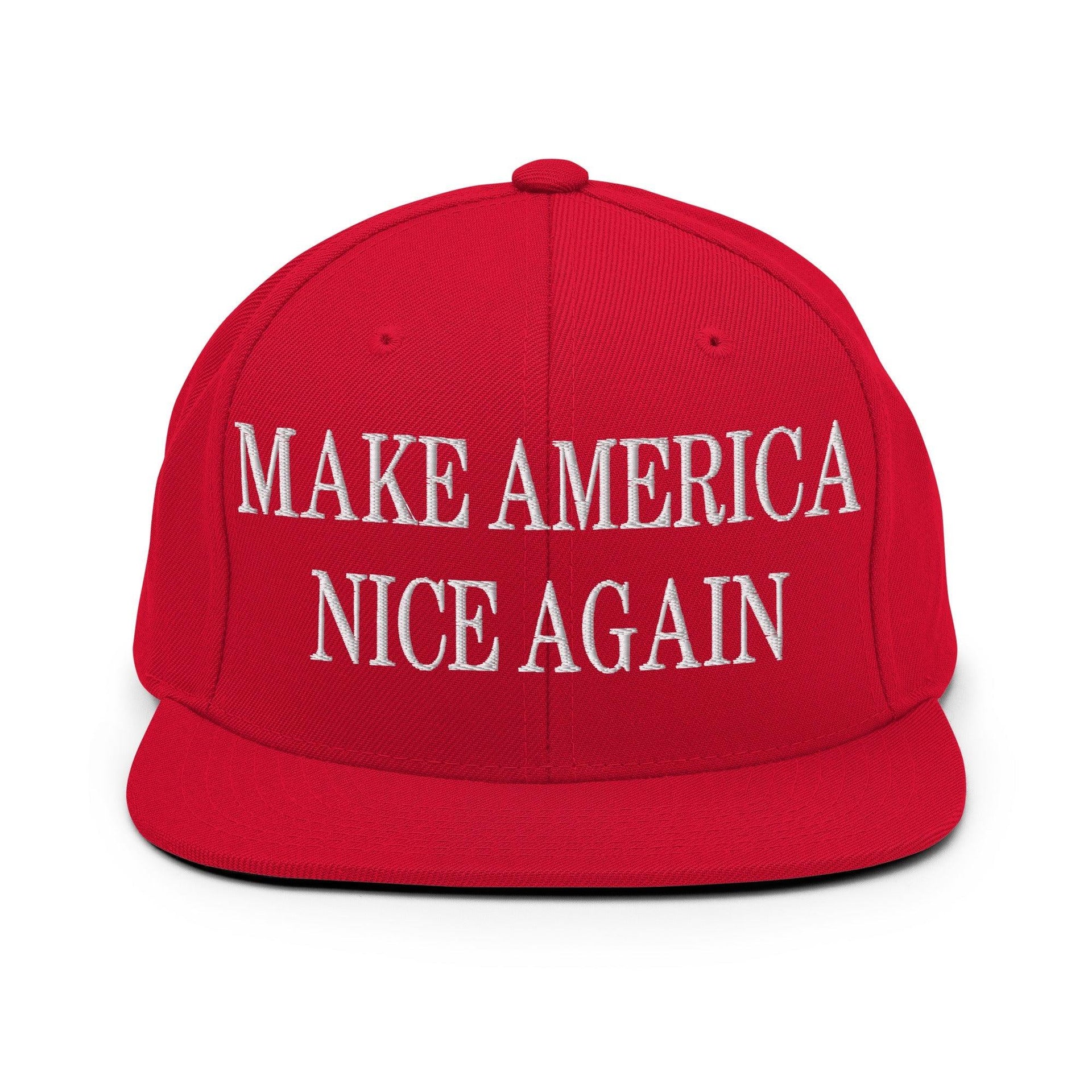 Make America Nice Again Embroidered Flat Bill Brim Snapback Hat Red Capital Crowns LADs Make Again Snapback Hats