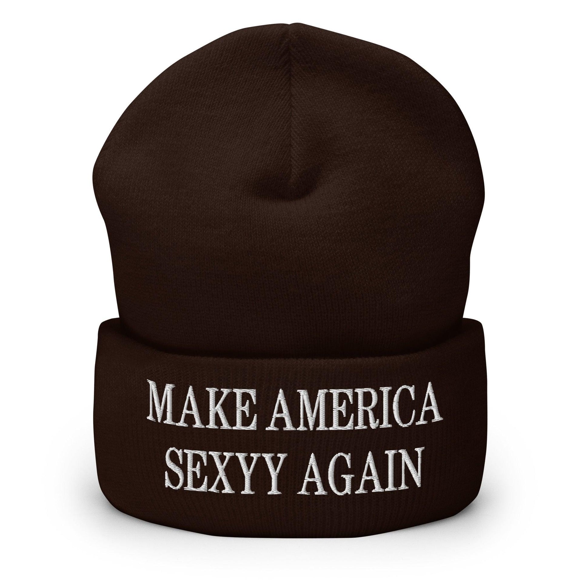 Make America Sexyy Again Embroidered Knit Cuffed Beanie Brown Beanies Capital Crowns LADs Make Again