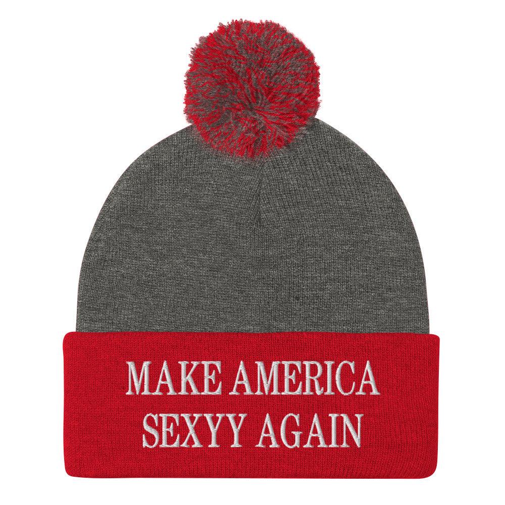 Make America Sexyy Again Embroidered Knit Pom Pom Beanie Dark Heather Grey Red Beanies Capital Crowns LADs Make Again