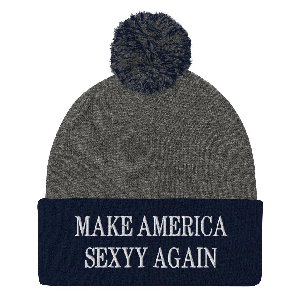 Make America Sexyy Again Embroidered Knit Pom Pom Beanie Dark Heather Grey Navy Beanies Capital Crowns LADs Make Again