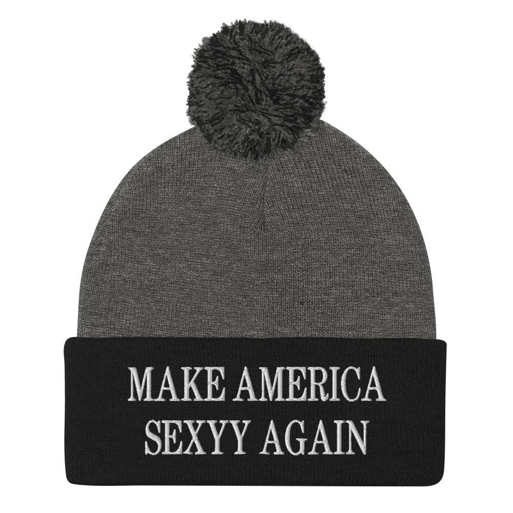 Make America Sexyy Again Embroidered Knit Pom Pom Beanie Dark Heather Grey Black Beanies Capital Crowns LADs Make Again
