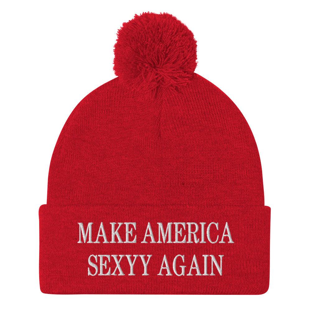 Make America Sexyy Again Embroidered Knit Pom Pom Beanie Red Beanies Capital Crowns LADs Make Again