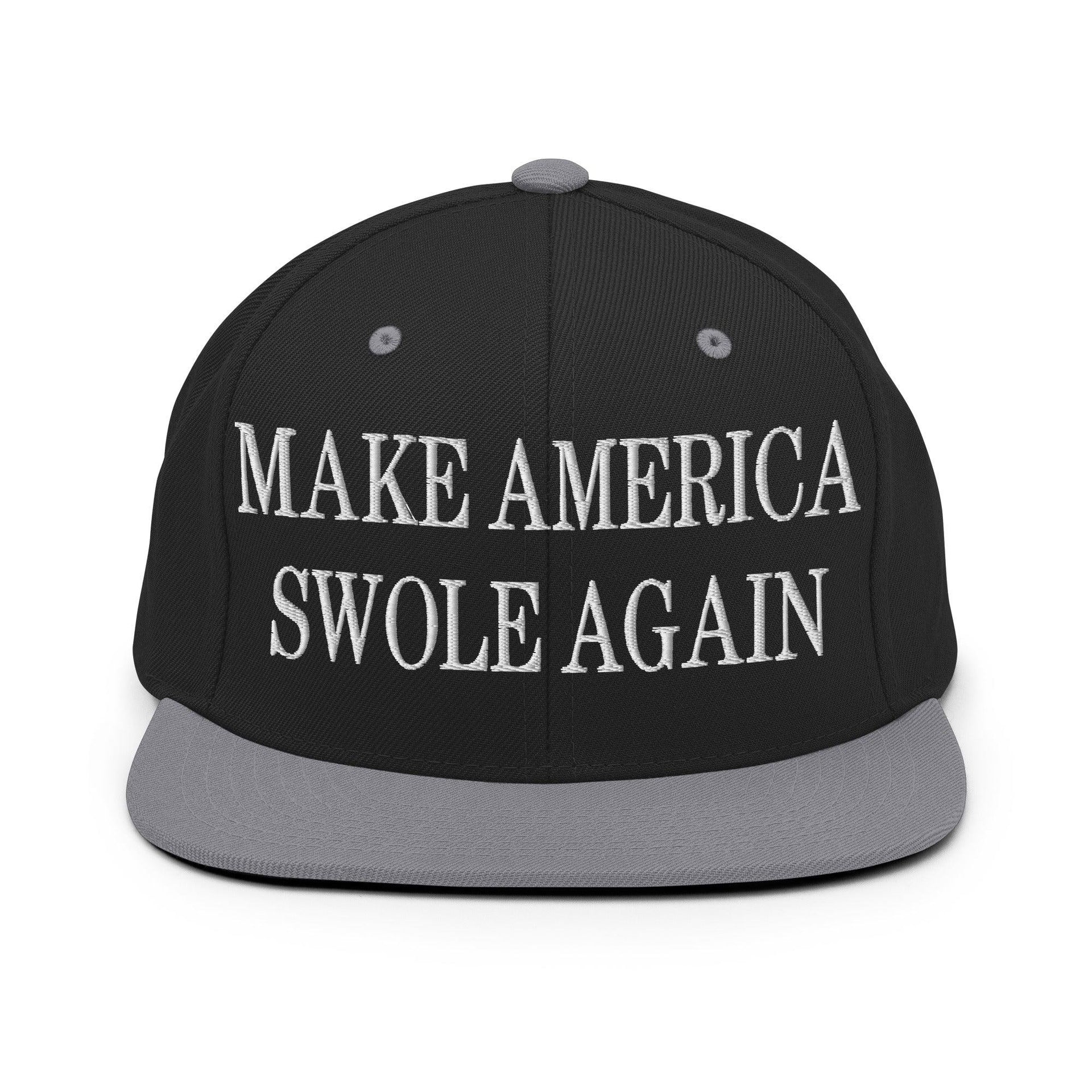 Make America Swole Again Embroidered Flat Bill Brim Snapback Hat Black Silver Capital Crowns LADs Make Again