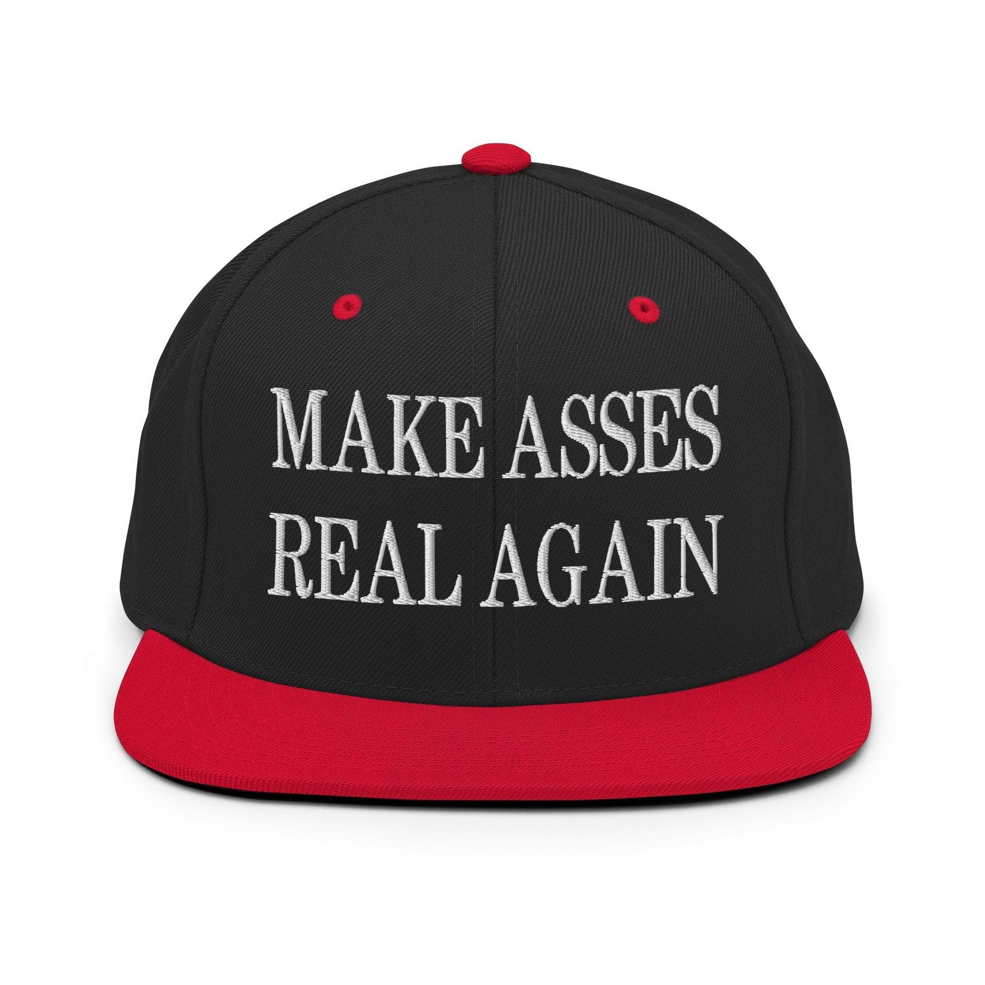 Make Asses Real Again Embroidered Flat Bill Brim Snapback Hat Black Red Capital Crowns Make Again Snapback Hats