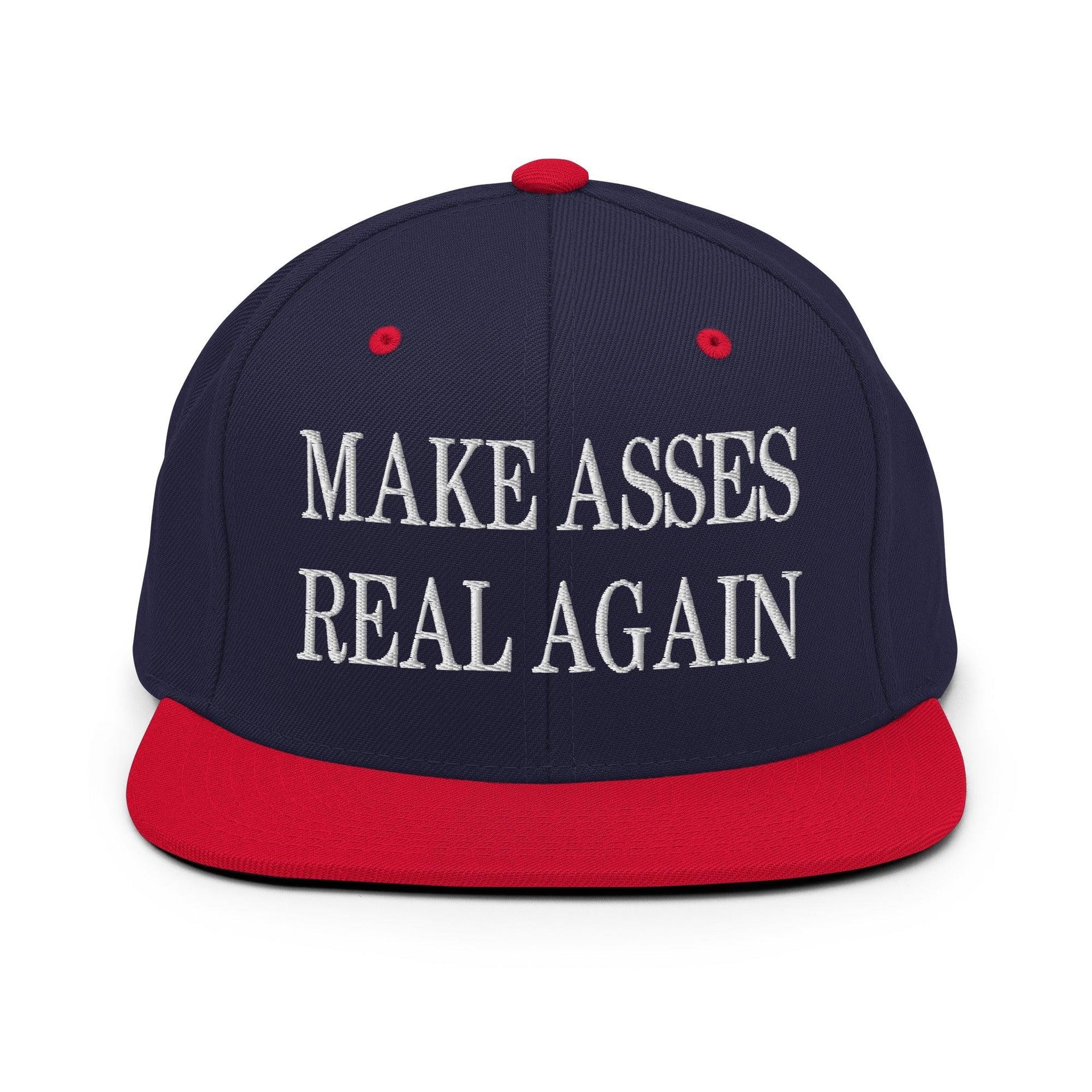 Make Asses Real Again Embroidered Flat Bill Brim Snapback Hat Navy Red Capital Crowns Make Again Snapback Hats