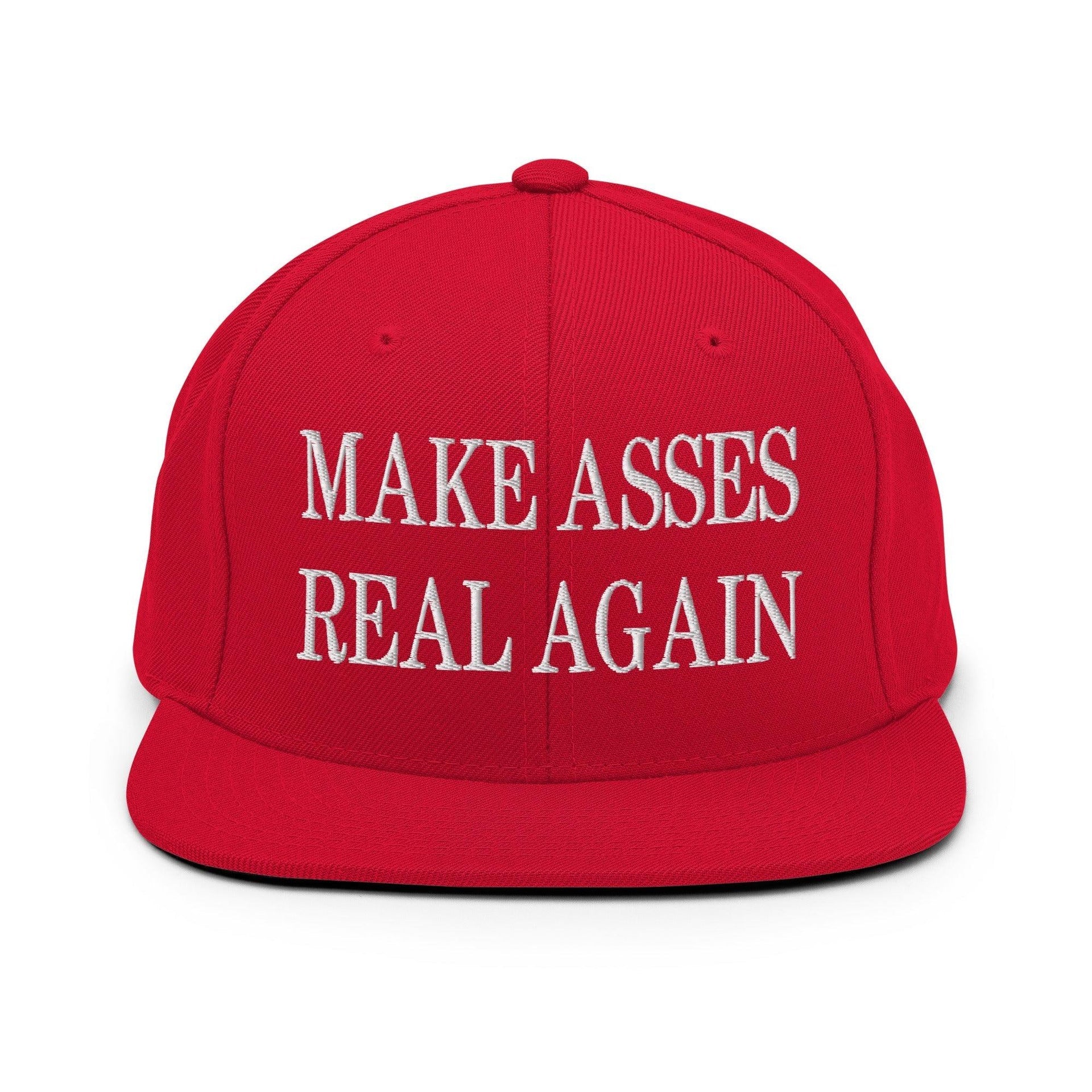 Make Asses Real Again Embroidered Flat Bill Brim Snapback Hat Red Capital Crowns Make Again Snapback Hats