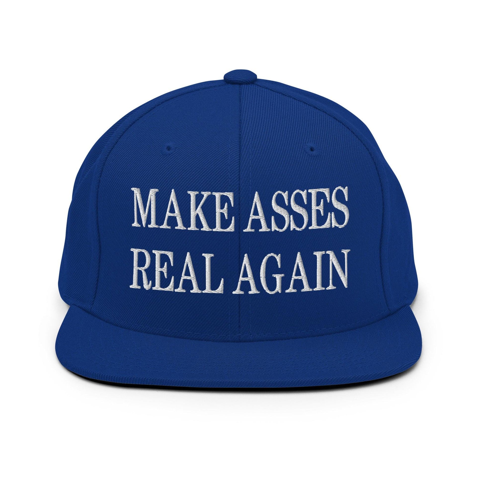 Make Asses Real Again Embroidered Flat Bill Brim Snapback Hat Royal Blue Capital Crowns Make Again Snapback Hats