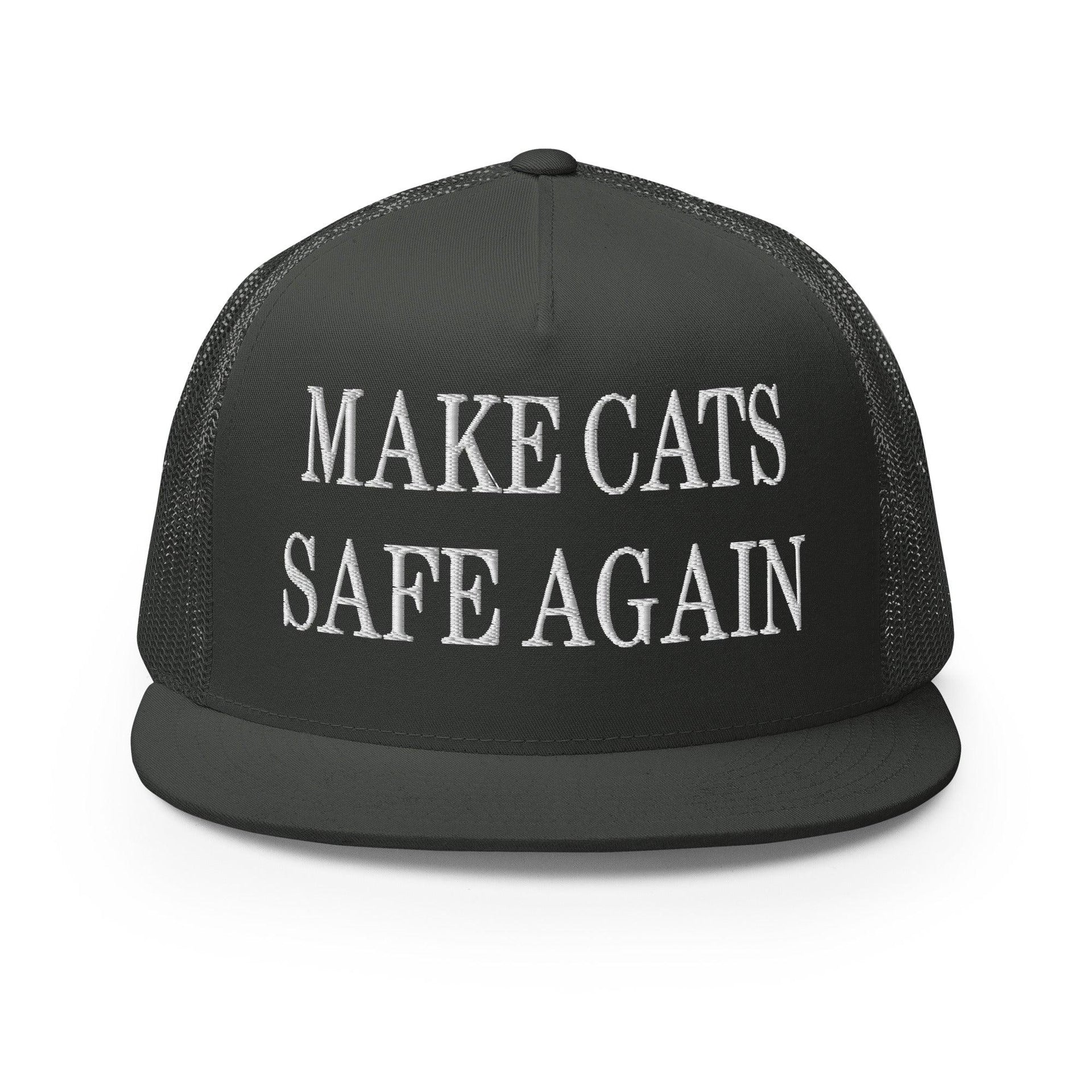 Make Cats Safe Again Embroidered Mesh Flat Bill Brim Trucker Hat Charcoal Capital Crowns Make Again Trucker Hats