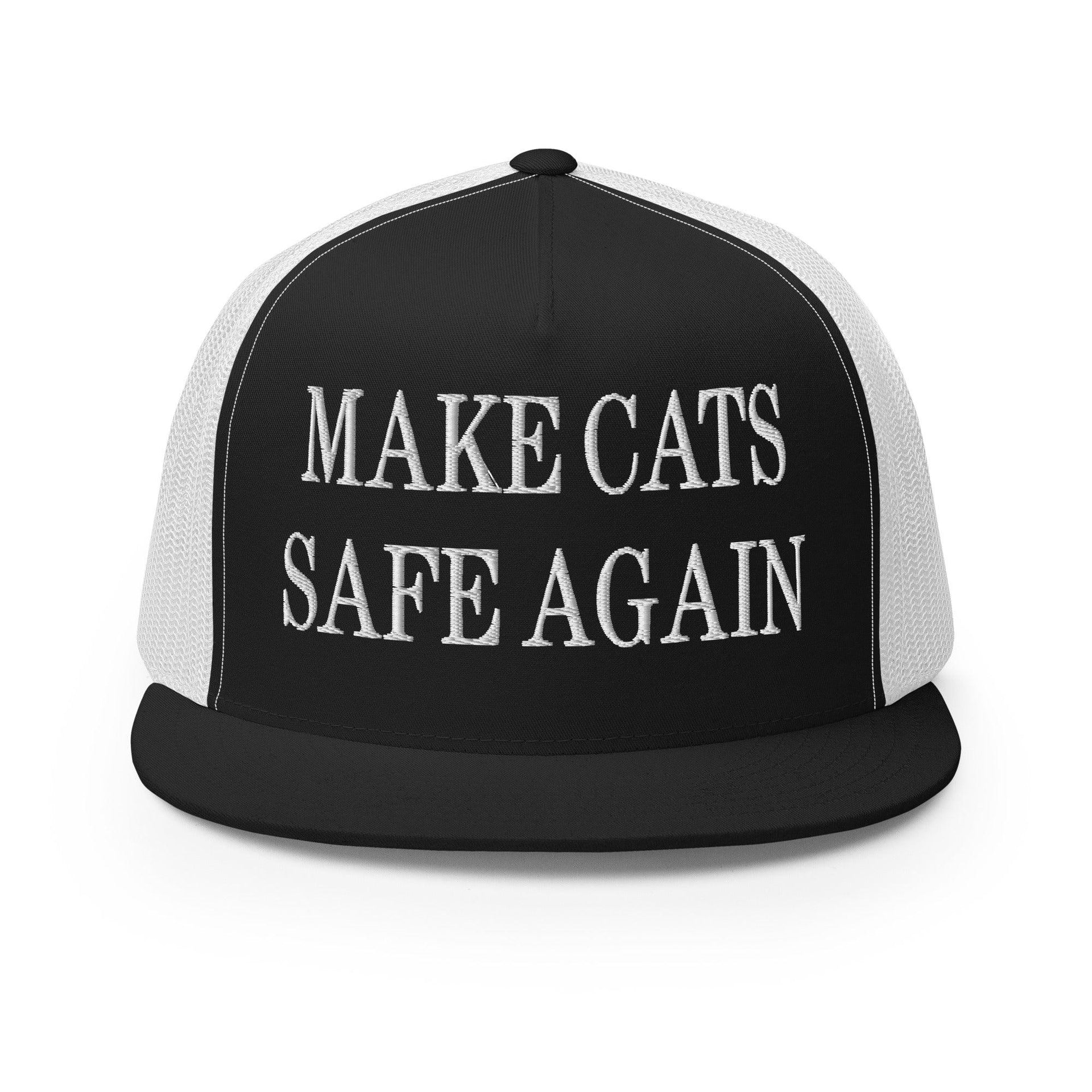 Make Cats Safe Again Embroidered Mesh Flat Bill Brim Trucker Hat Black White Capital Crowns Make Again Trucker Hats