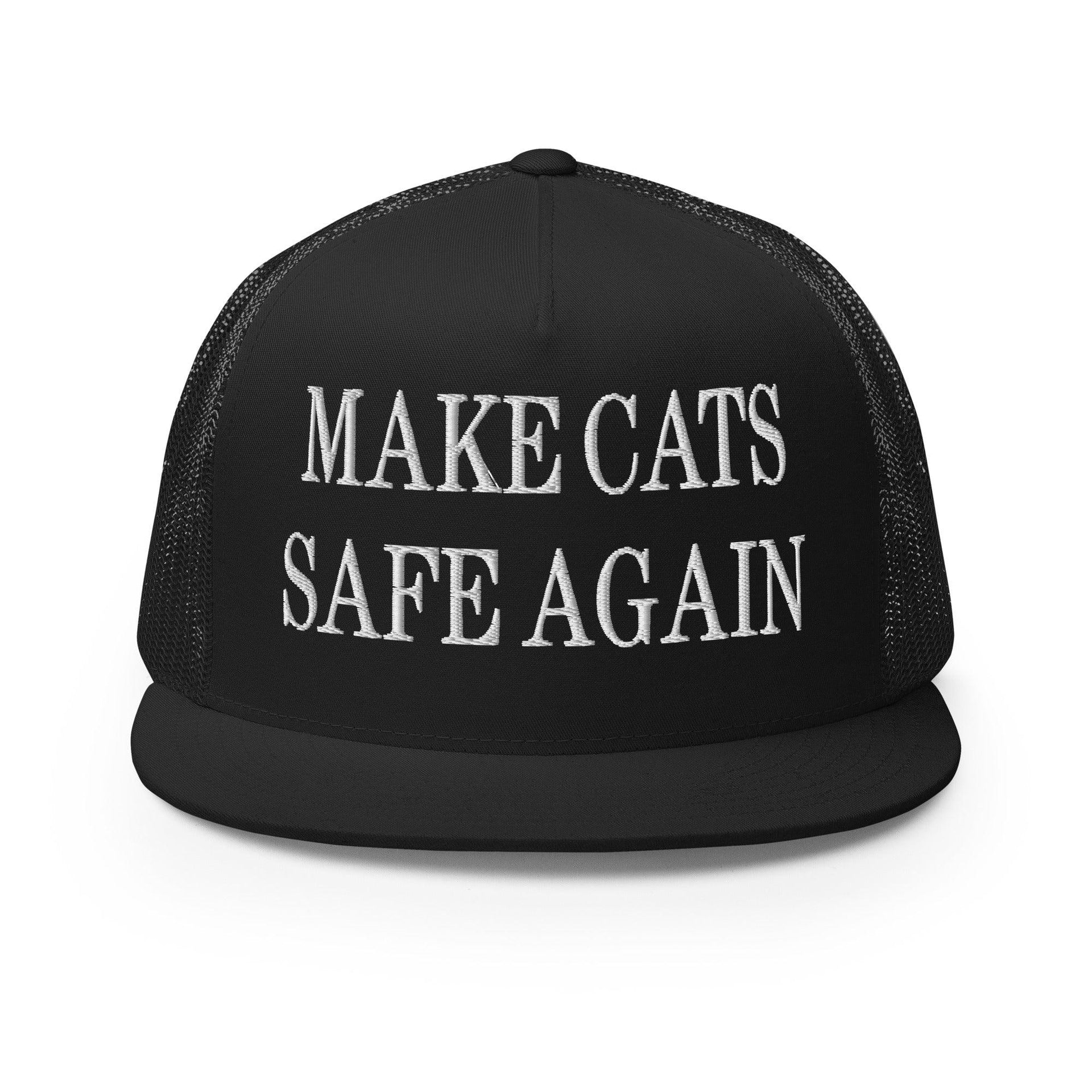Make Cats Safe Again Embroidered Mesh Flat Bill Brim Trucker Hat Black Capital Crowns Make Again Trucker Hats