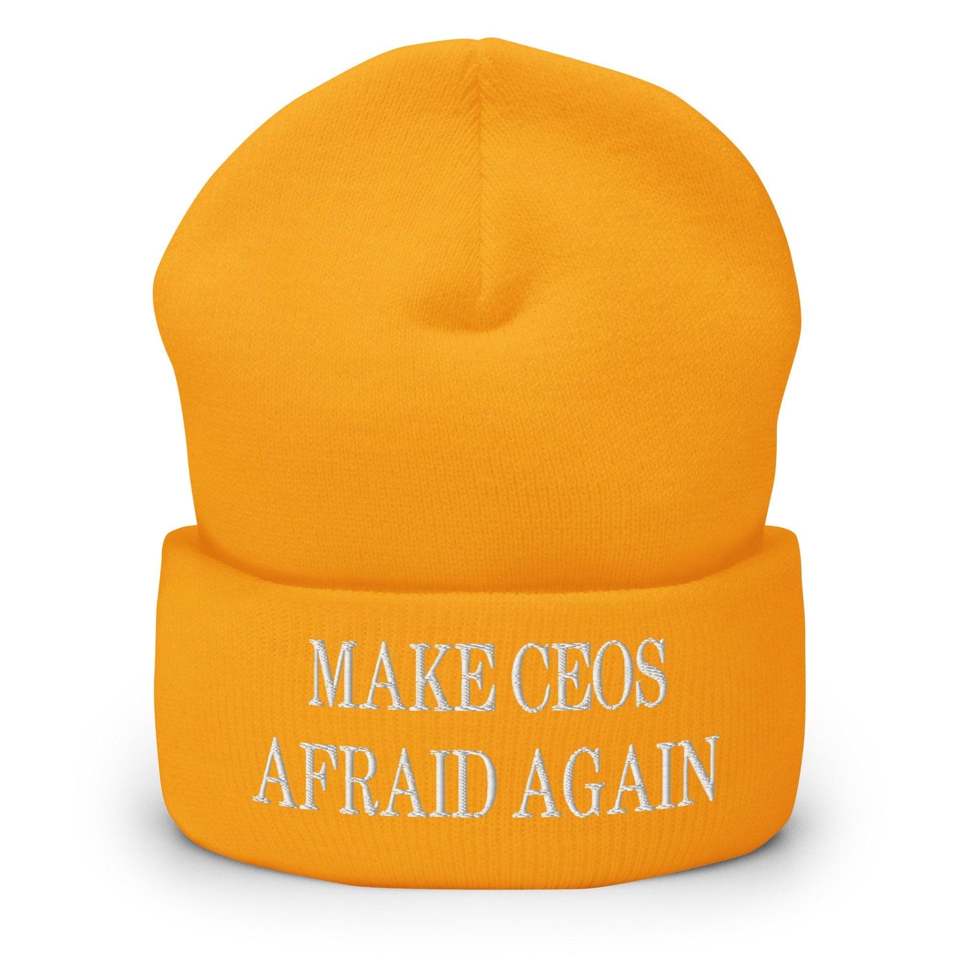 Make CEOs Afraid Again Embroidered Knit Cuffed Beanie Gold Beanies Capital Crowns LADs Make Again