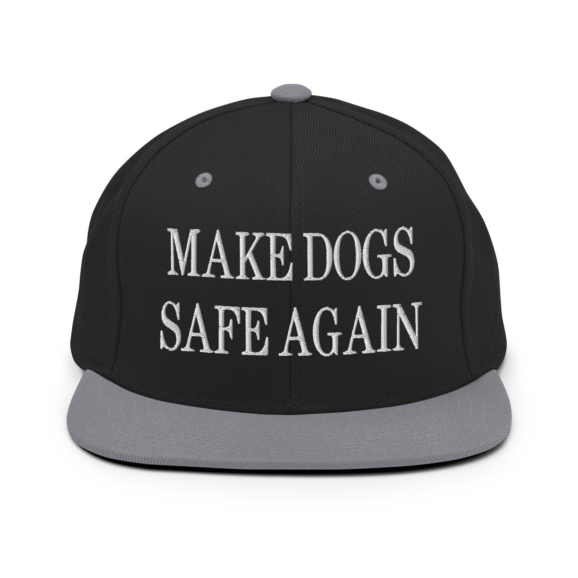 Make Dogs Safe Again Embroidered Flat Bill Brim Snapback Hat Black Silver Capital Crowns Make Again Snapback Hats