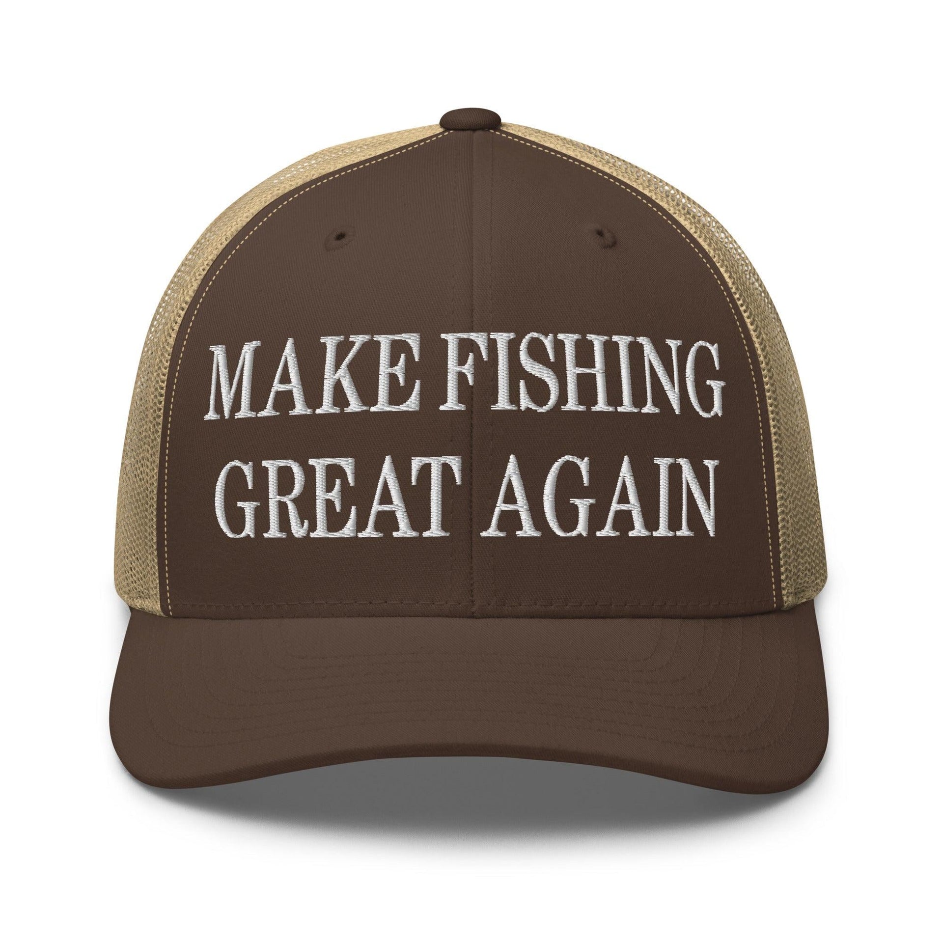 Make Fishing Great Again Embroidered Mesh Trucker Hat Brown Khaki Capital Crowns LADs Make Again Trucker Hats