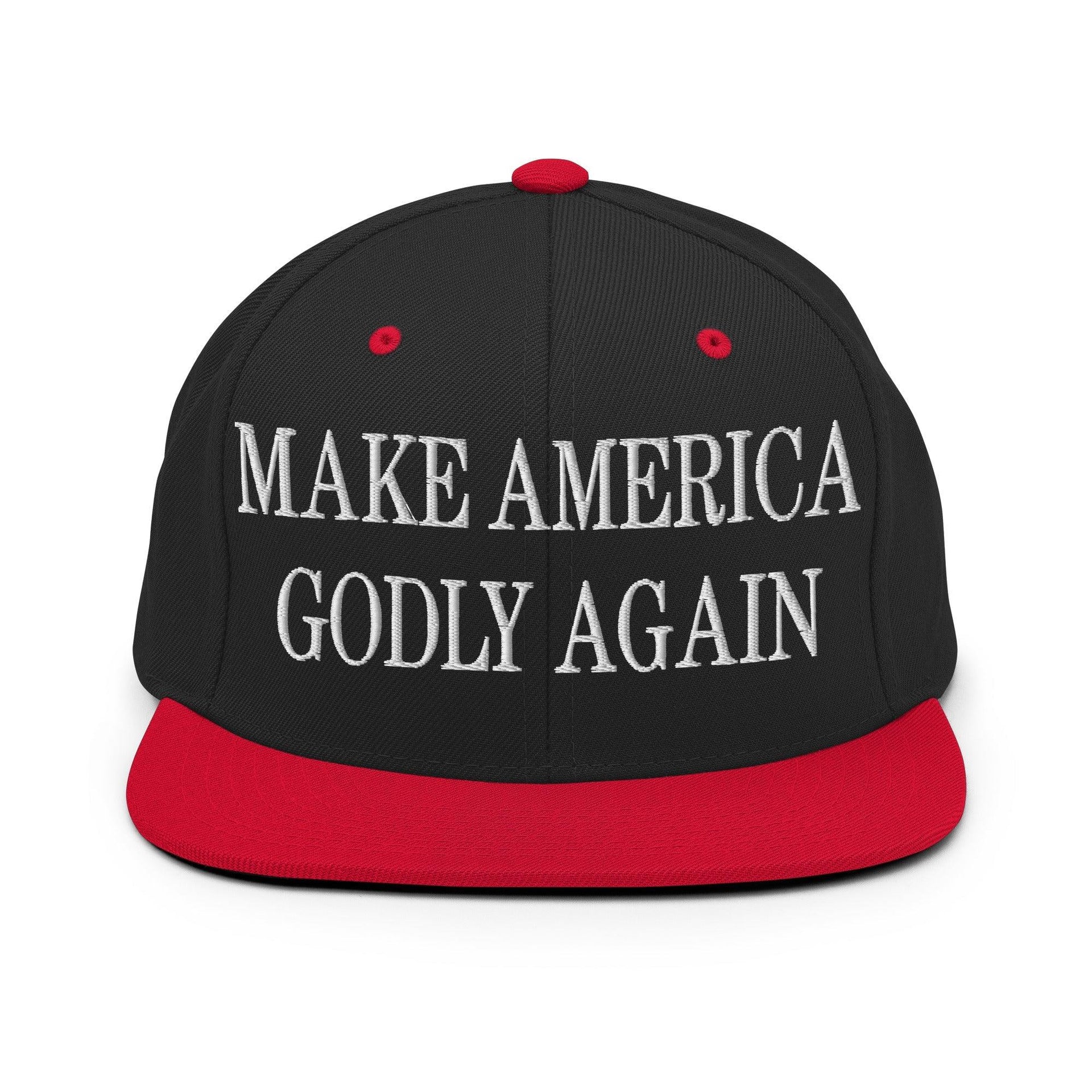 Make Us Godly Again Embroidered Flat Bill Brim Snapback Hat Black Red Capital Crowns Make Again