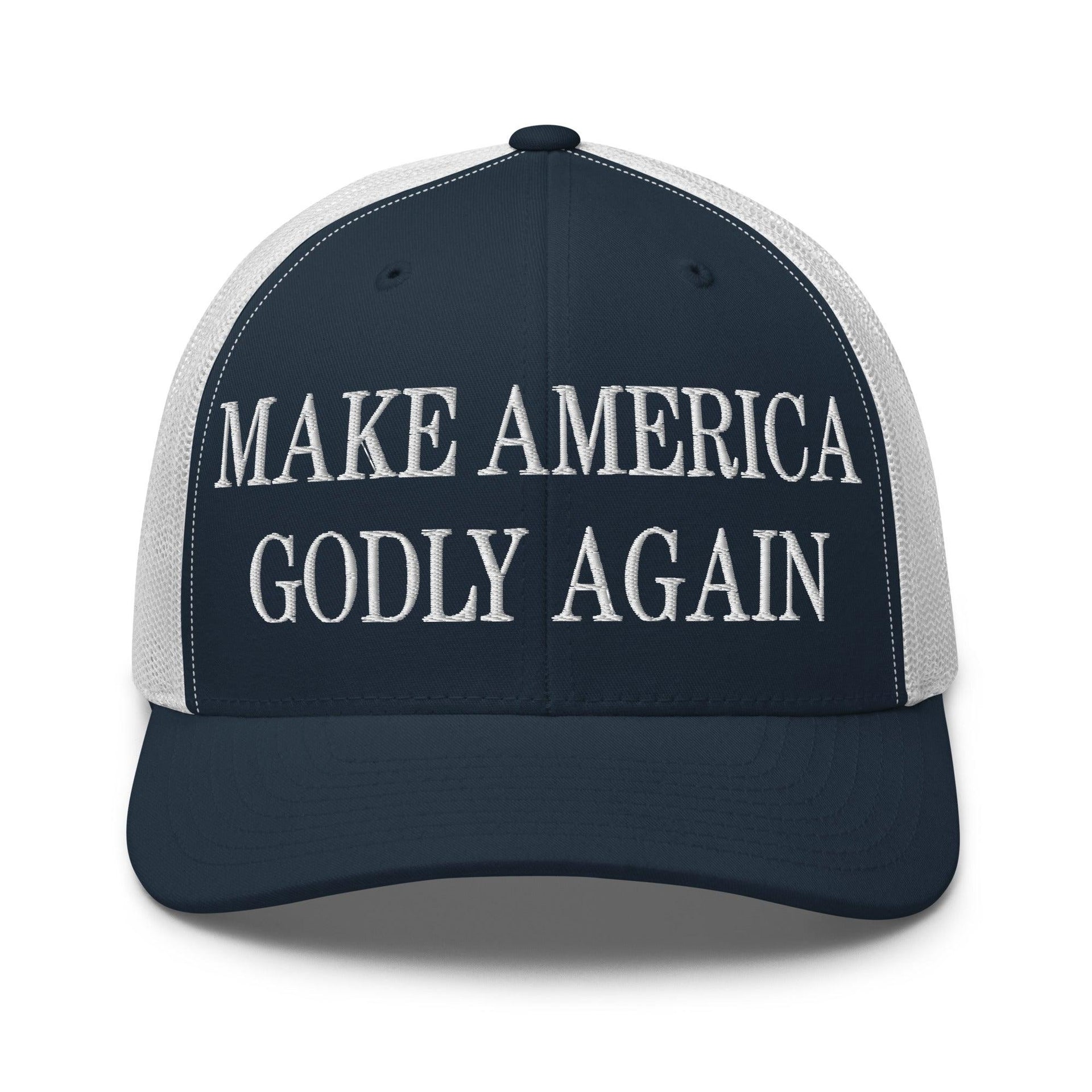 Make Us Godly Again Embroidered Mesh Trucker Hat Navy White Capital Crowns Make Again Trucker Hats