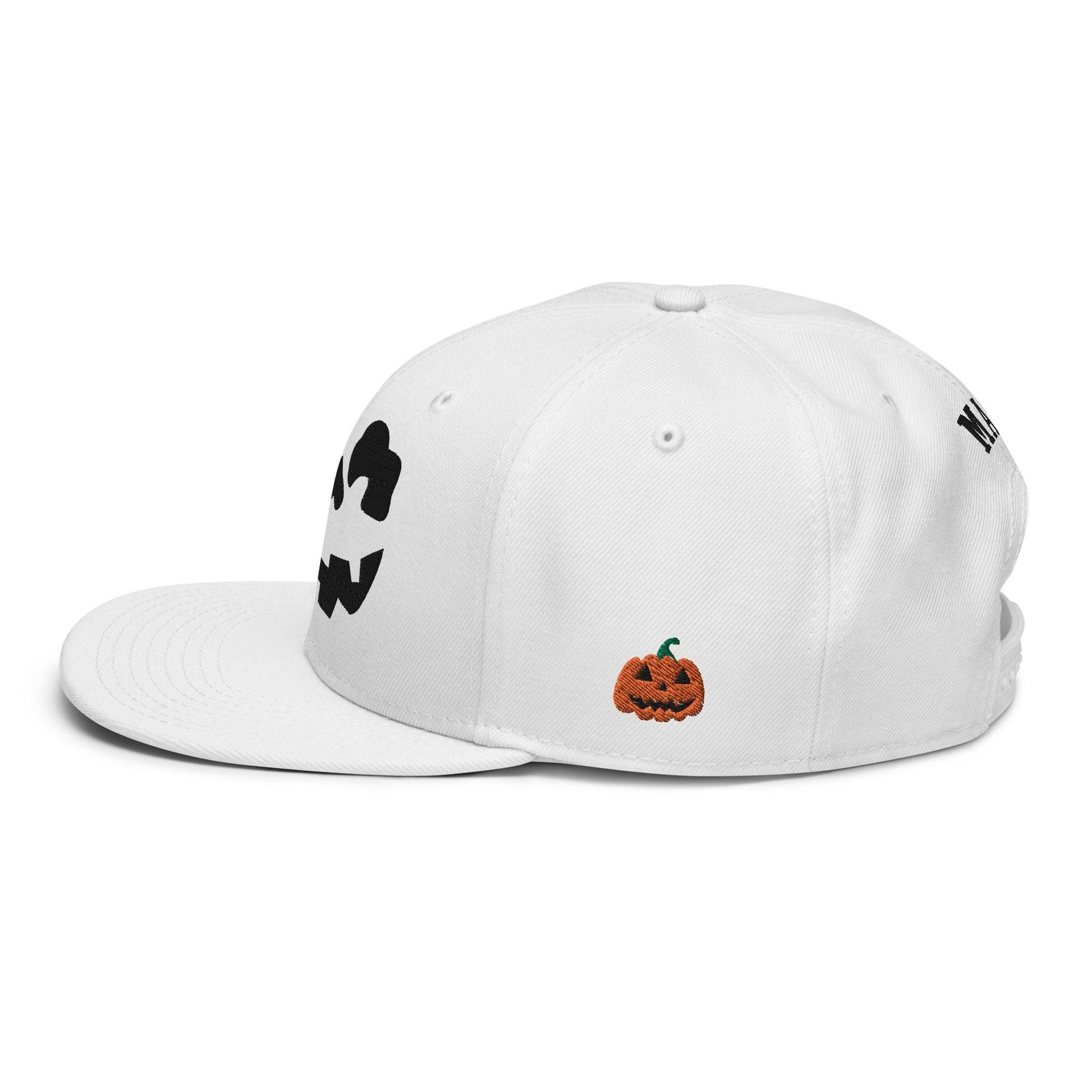 Make Us Great Again MAGA Skull Halloween Flat Bill Brim High Crown Snapback Hat Capital Crowns Conservative Halloween LADs Make Again Snapback Hats Trump Halloween White