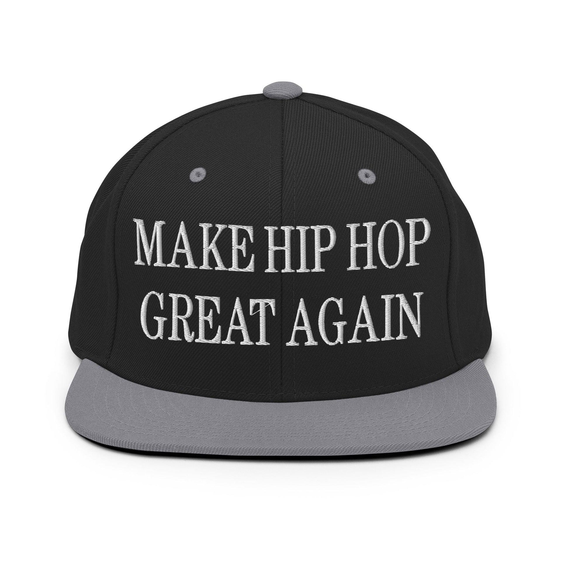 Make Hip Hop Great Again Embroidered Flat Bill Brim Snapback Hat Black Silver Capital Crowns Make Again Snapback Hats