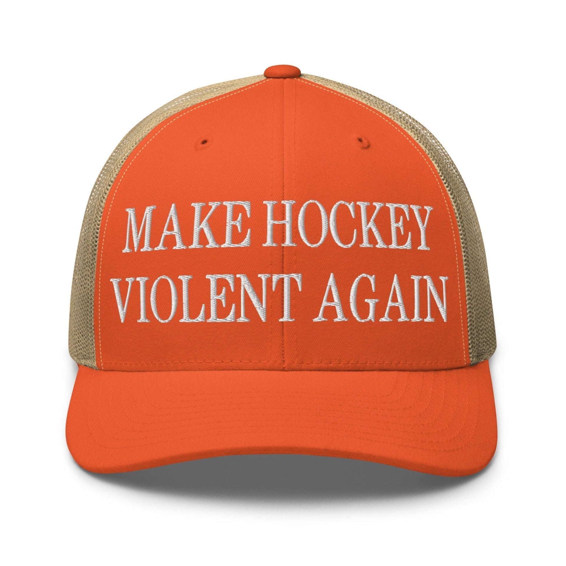 Make Hockey Violent Again Embroidered Mesh Trucker Hat Rustic Orange Khaki Capital Crowns Make Again Trucker Hats