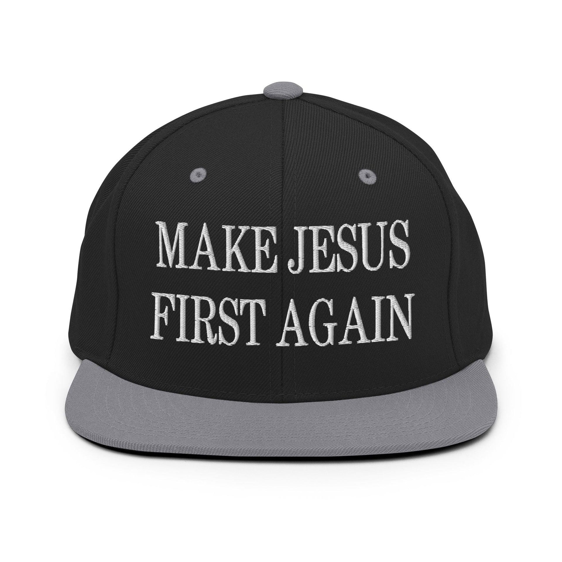 Make Jesus First Again Embroidered Flat Bill Brim Snapback Hat Black Silver Capital Crowns LADs Religious Snapback Hats