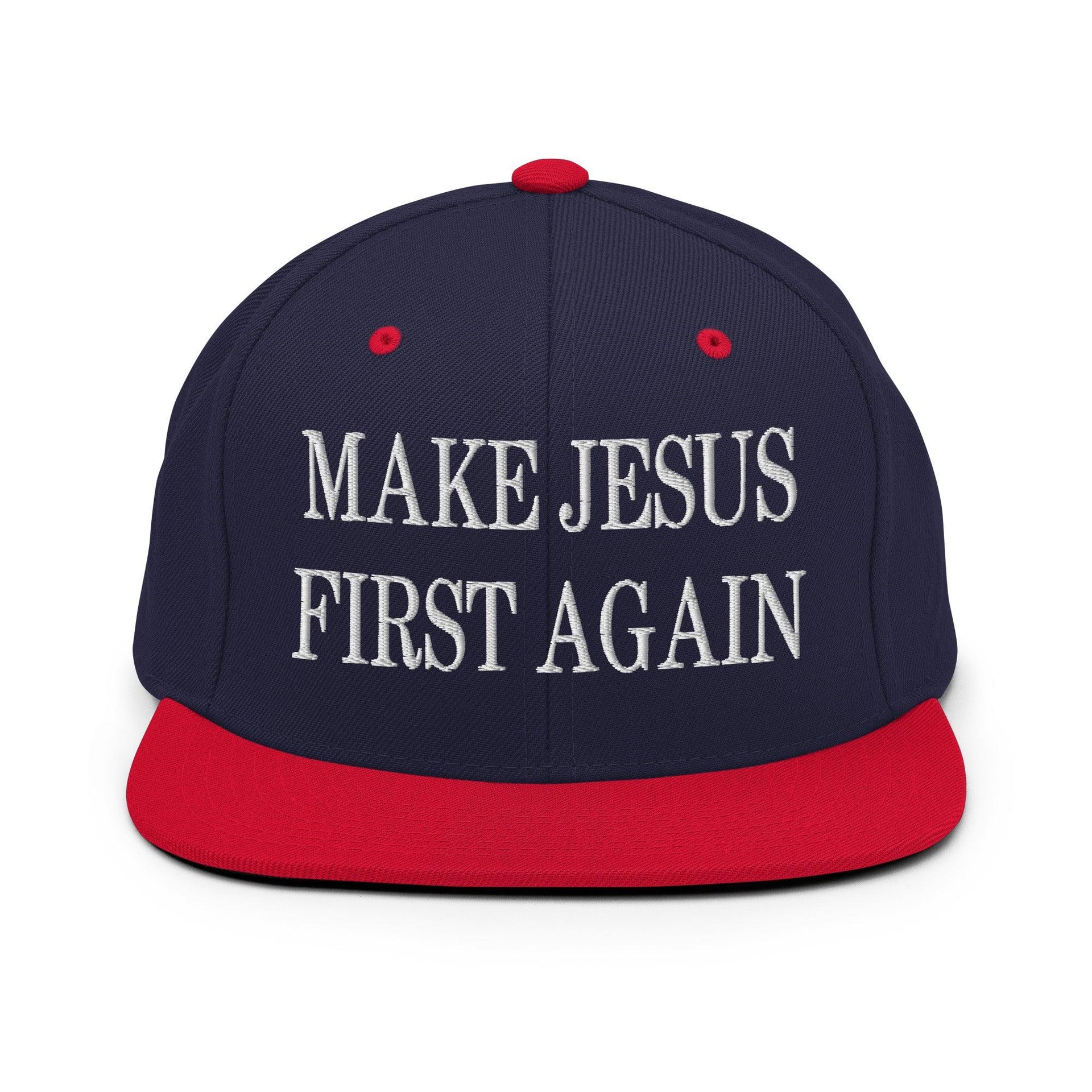 Make Jesus First Again Embroidered Flat Bill Brim Snapback Hat Navy Red Capital Crowns LADs Religious Snapback Hats