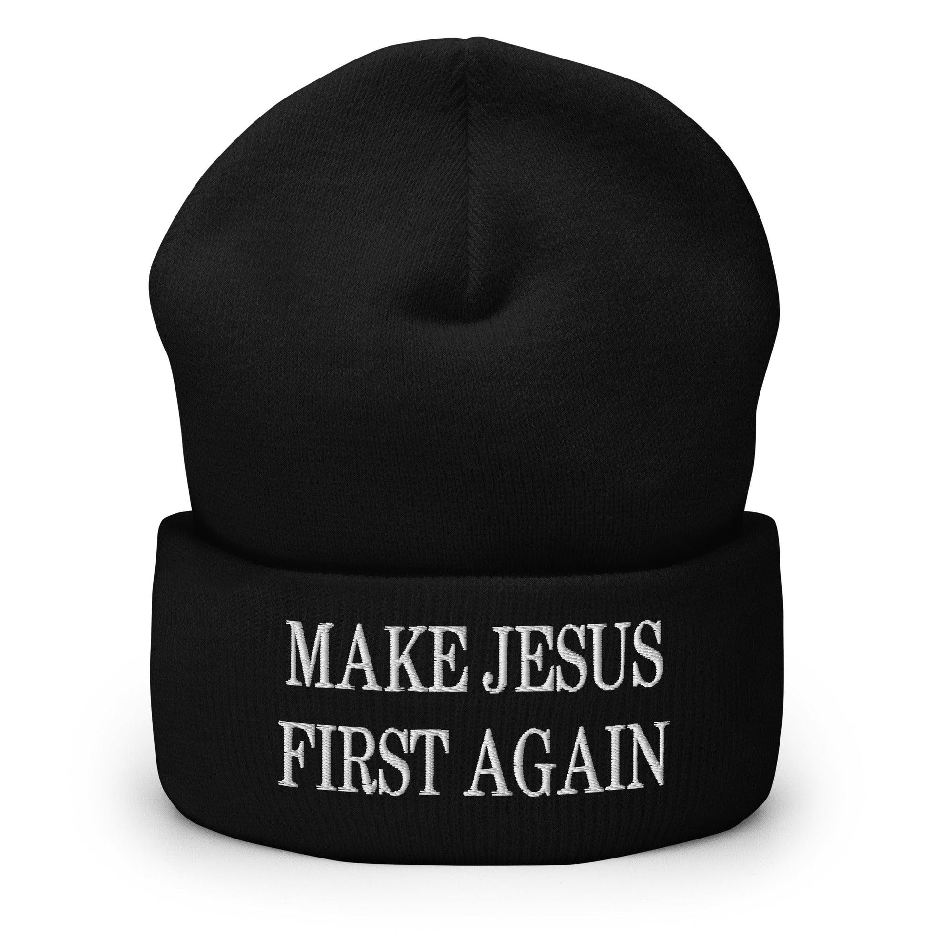 Make Jesus First Again Embroidered Knit Cuffed Beanie Black Beanies Capital Crowns Religious