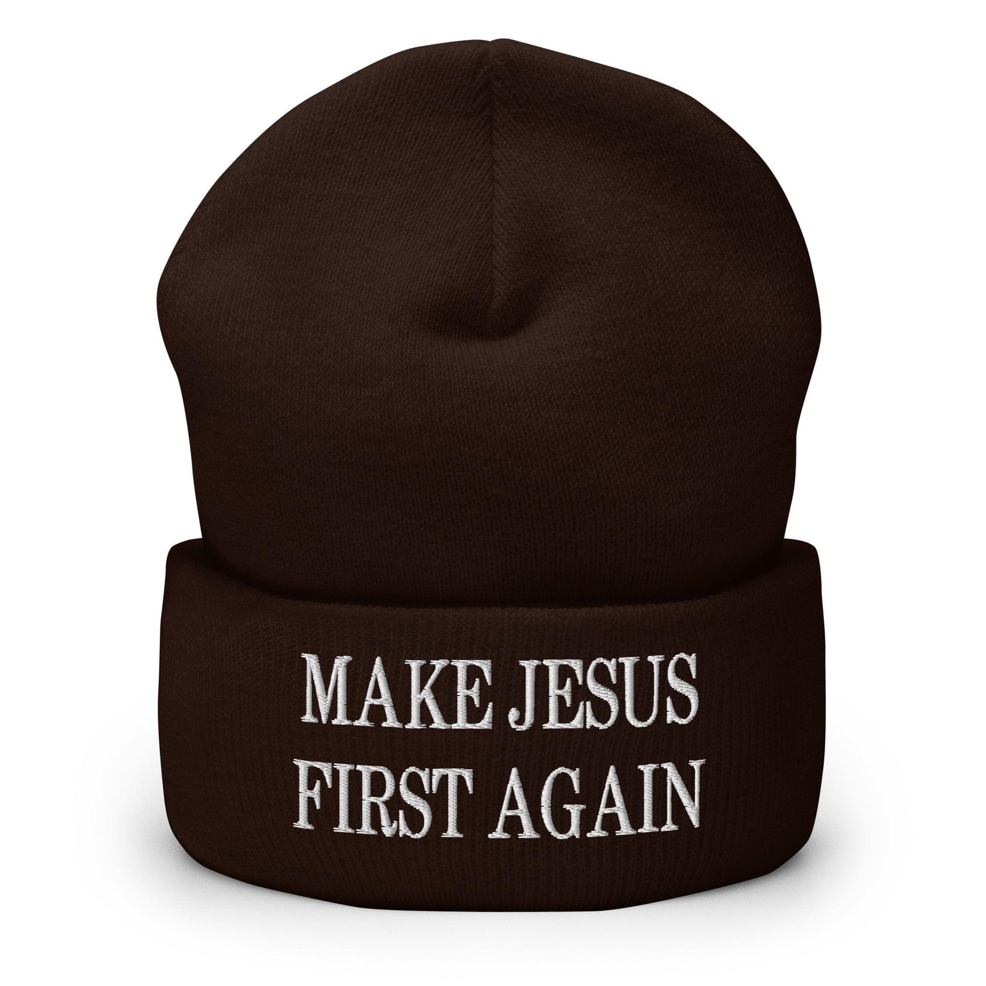 Make Jesus First Again Embroidered Knit Cuffed Beanie Brown Beanies Capital Crowns Religious