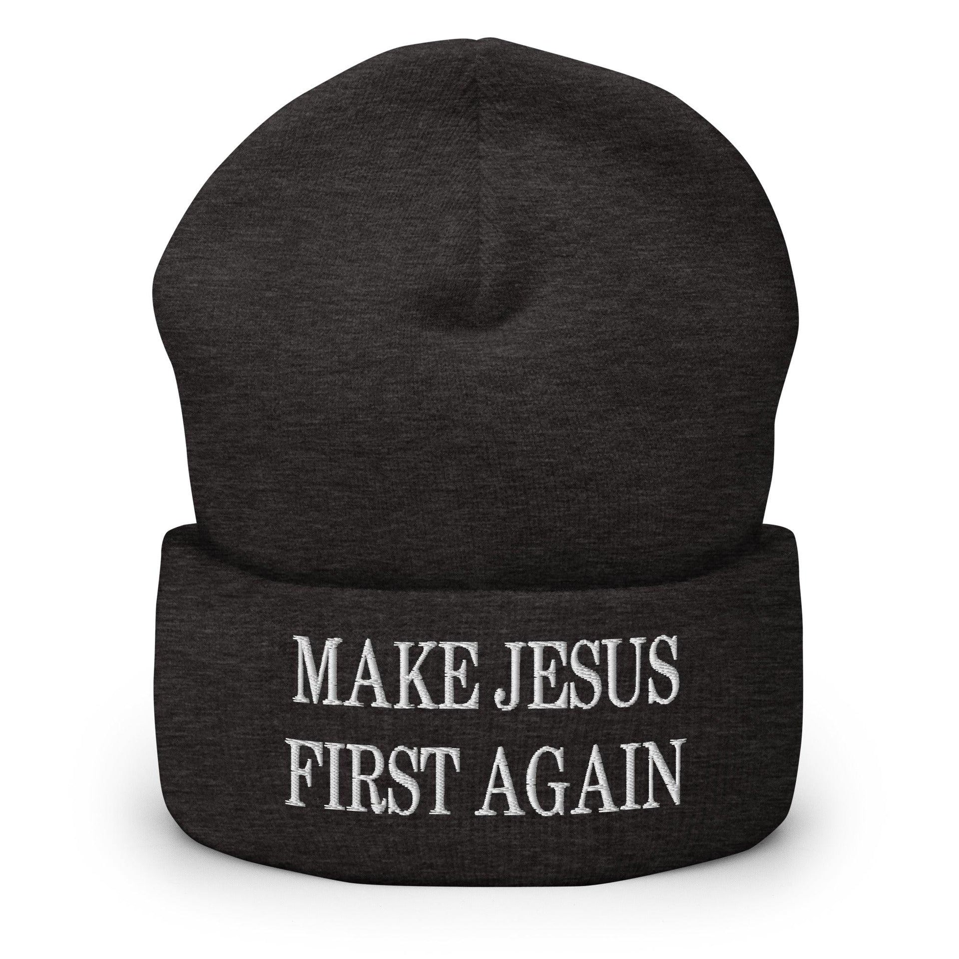 Make Jesus First Again Embroidered Knit Cuffed Beanie Dark Grey Beanies Capital Crowns Religious