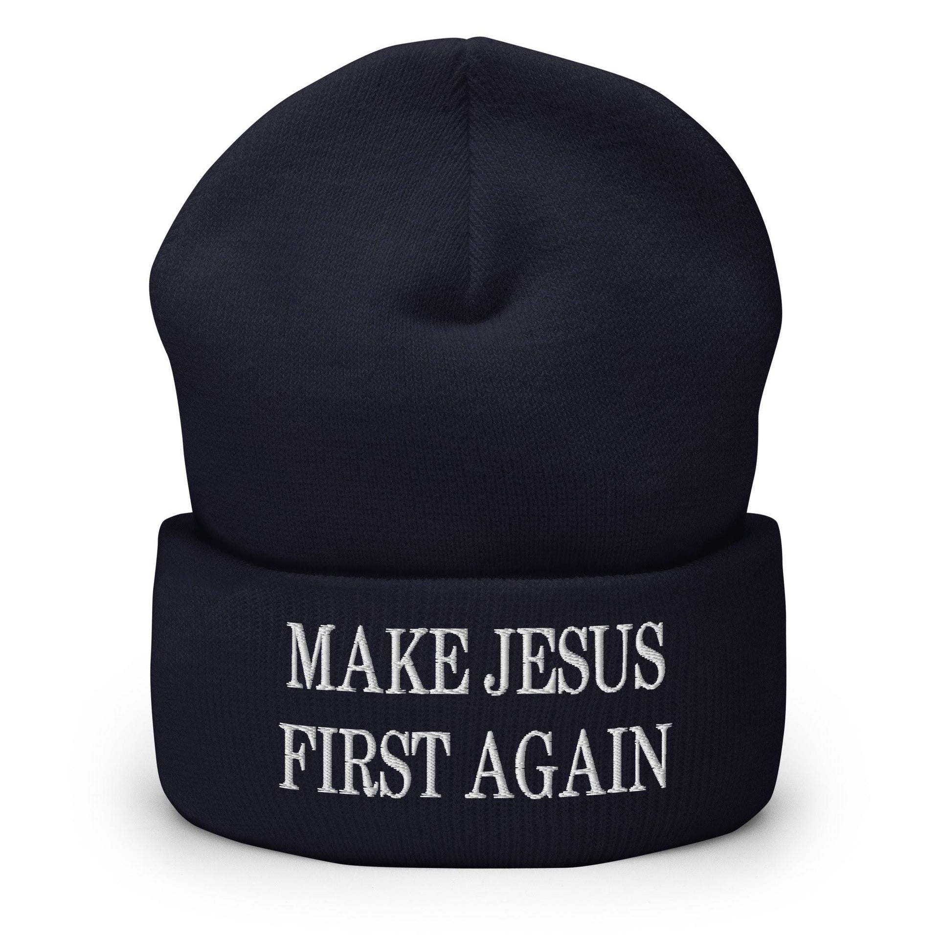 Make Jesus First Again Embroidered Knit Cuffed Beanie Navy Beanies Capital Crowns Religious