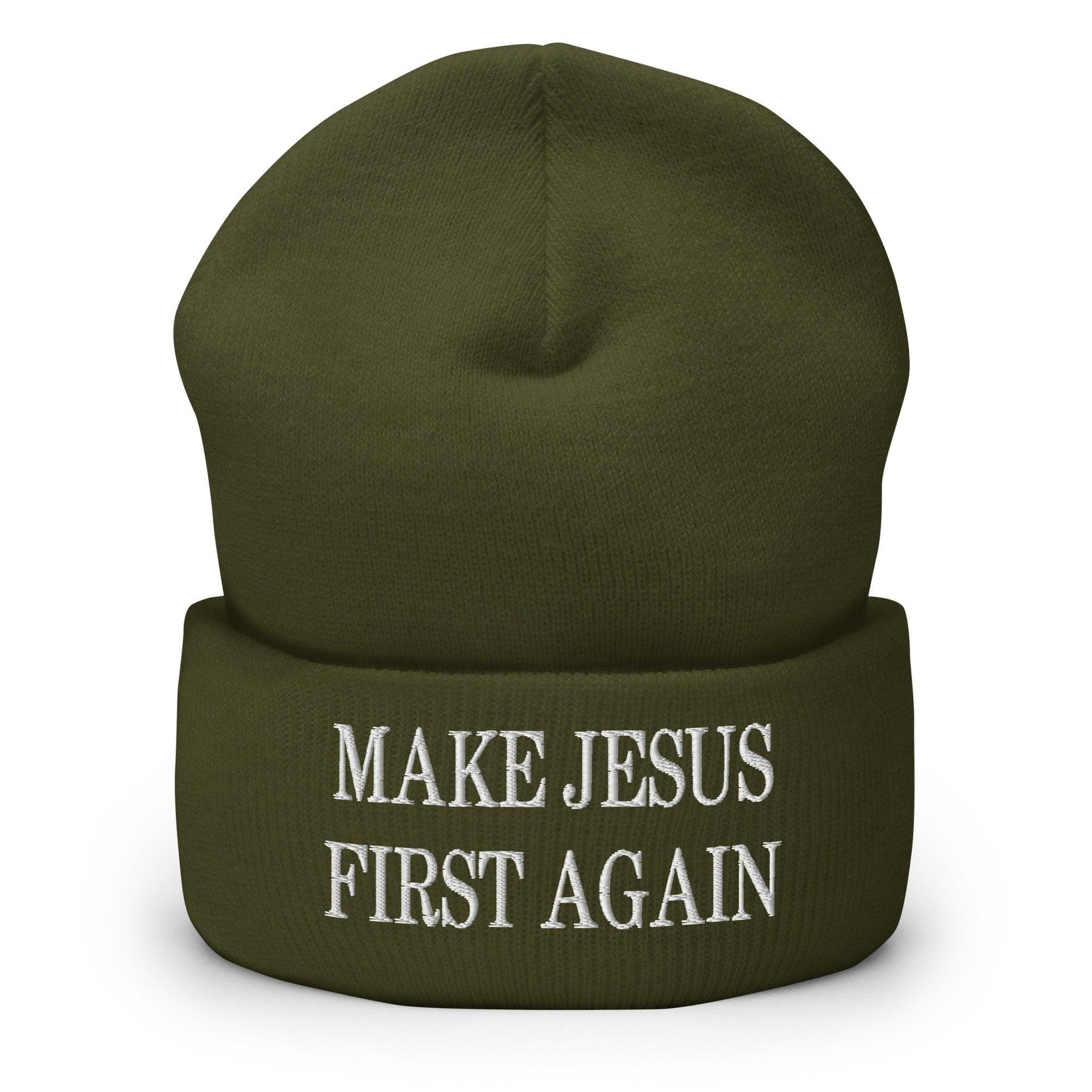 Make Jesus First Again Embroidered Knit Cuffed Beanie Olive Beanies Capital Crowns Religious