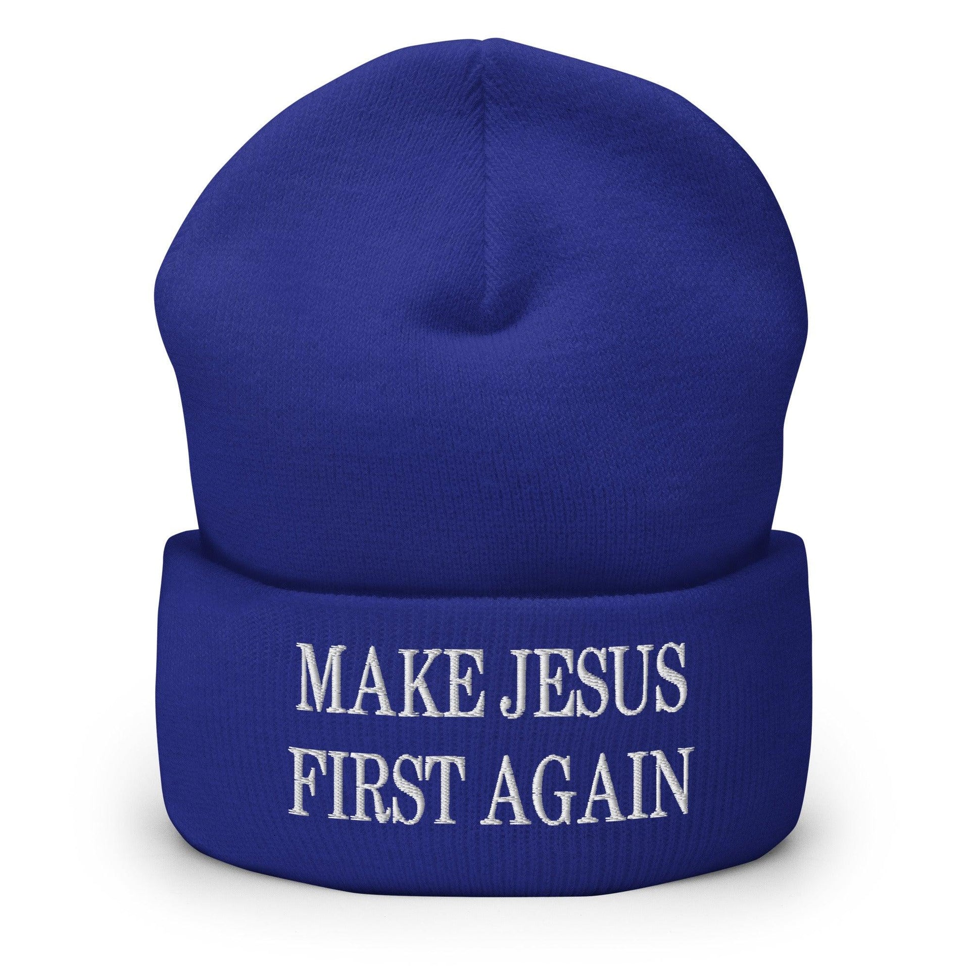 Make Jesus First Again Embroidered Knit Cuffed Beanie Royal Beanies Capital Crowns Religious