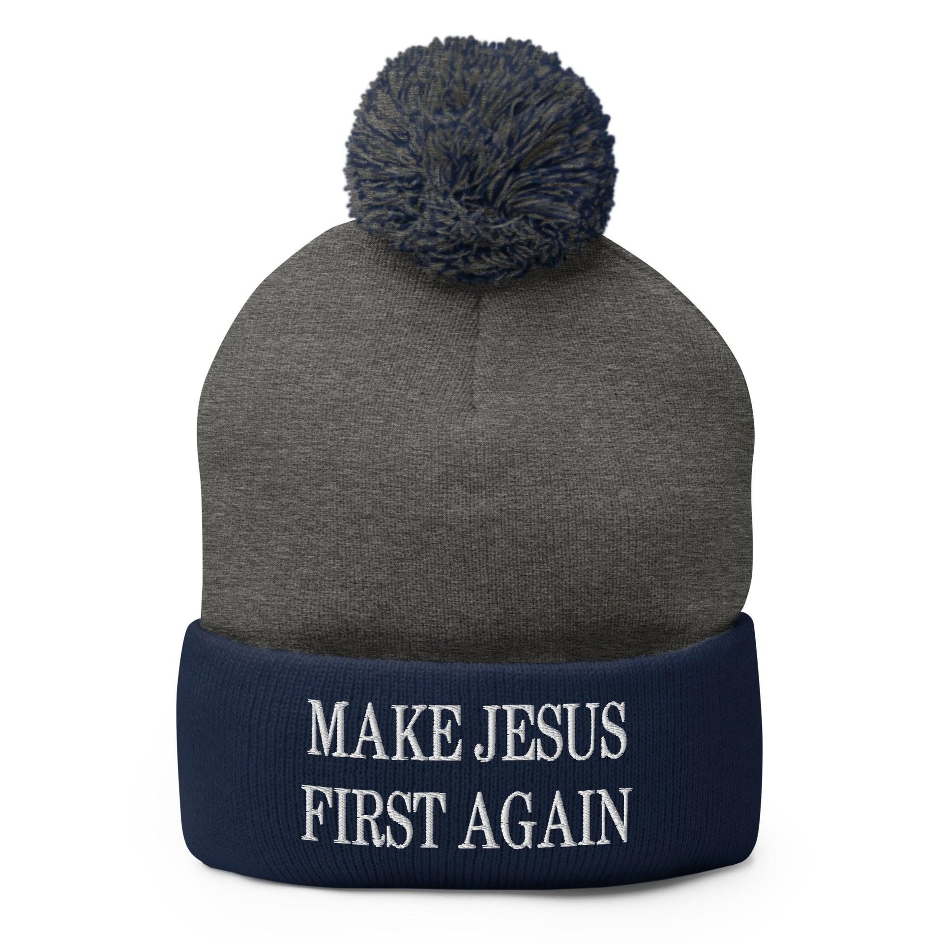Make Jesus First Again Embroidered Knit Pom Pom Beanie Dark Heather Grey Navy Beanies Capital Crowns Religious
