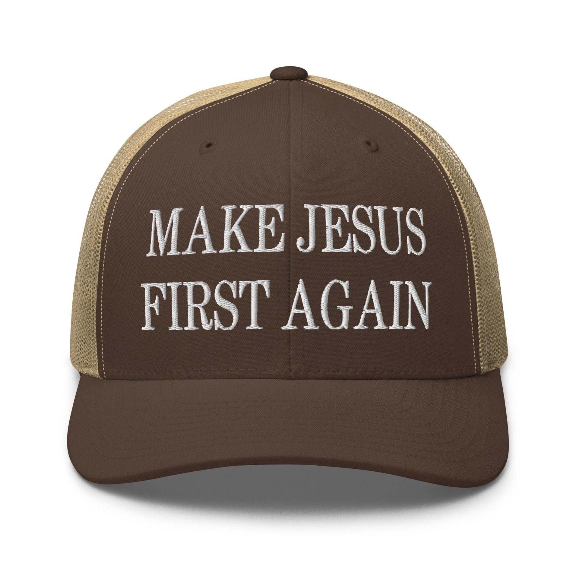 Make Jesus First Again Embroidered Mesh Trucker Hat Brown Khaki Capital Crowns Religious Trucker Hats