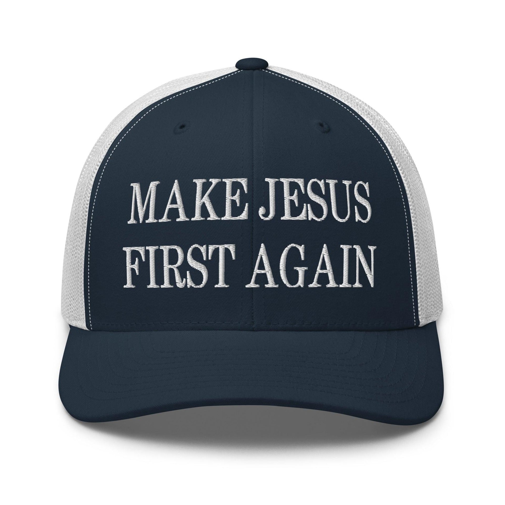 Make Jesus First Again Embroidered Mesh Trucker Hat Navy White Capital Crowns Religious Trucker Hats