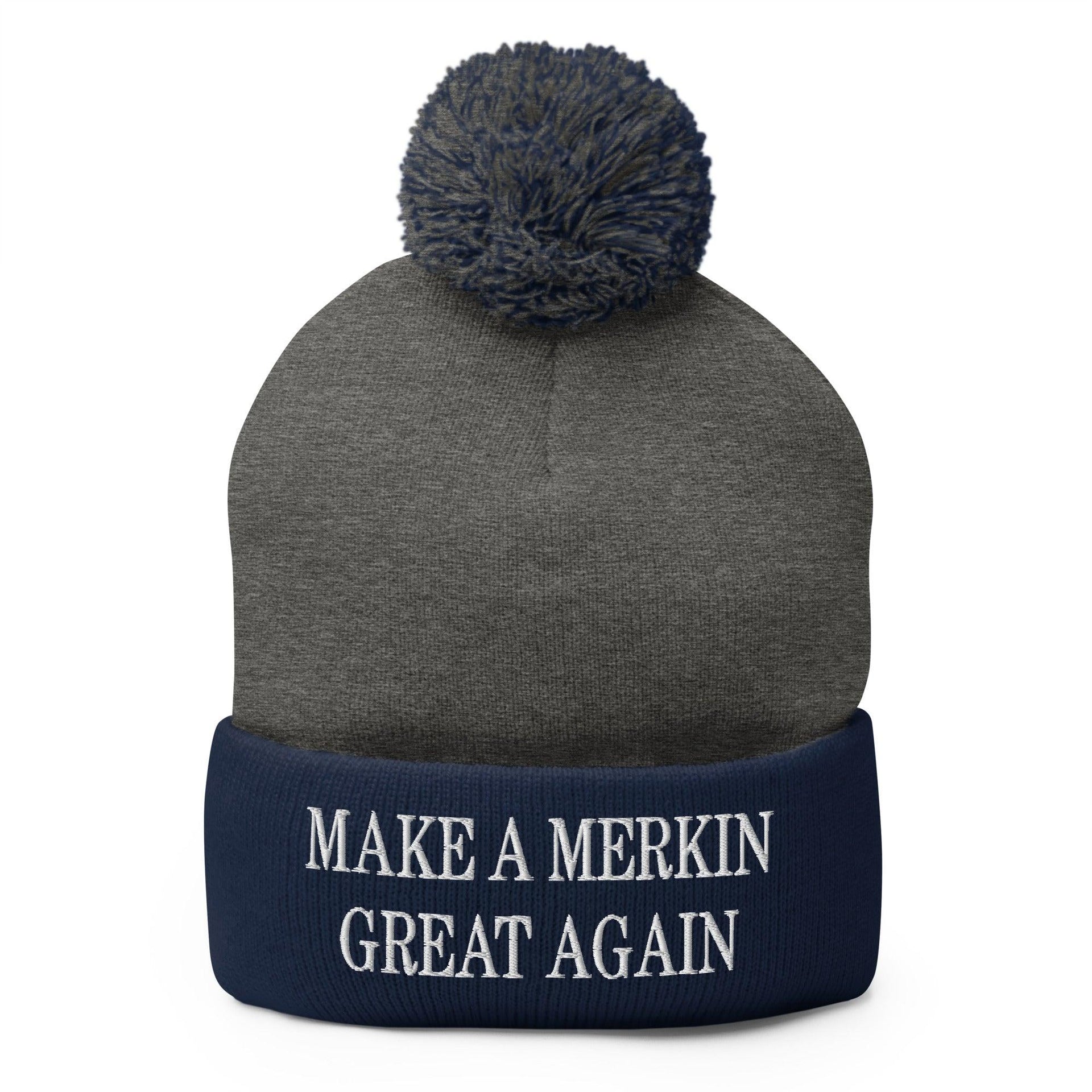 Make A Merkin Great Again Embroidered Knit Pom Pom Beanie Dark Heather Grey Navy Beanies Capital Crowns Make Again