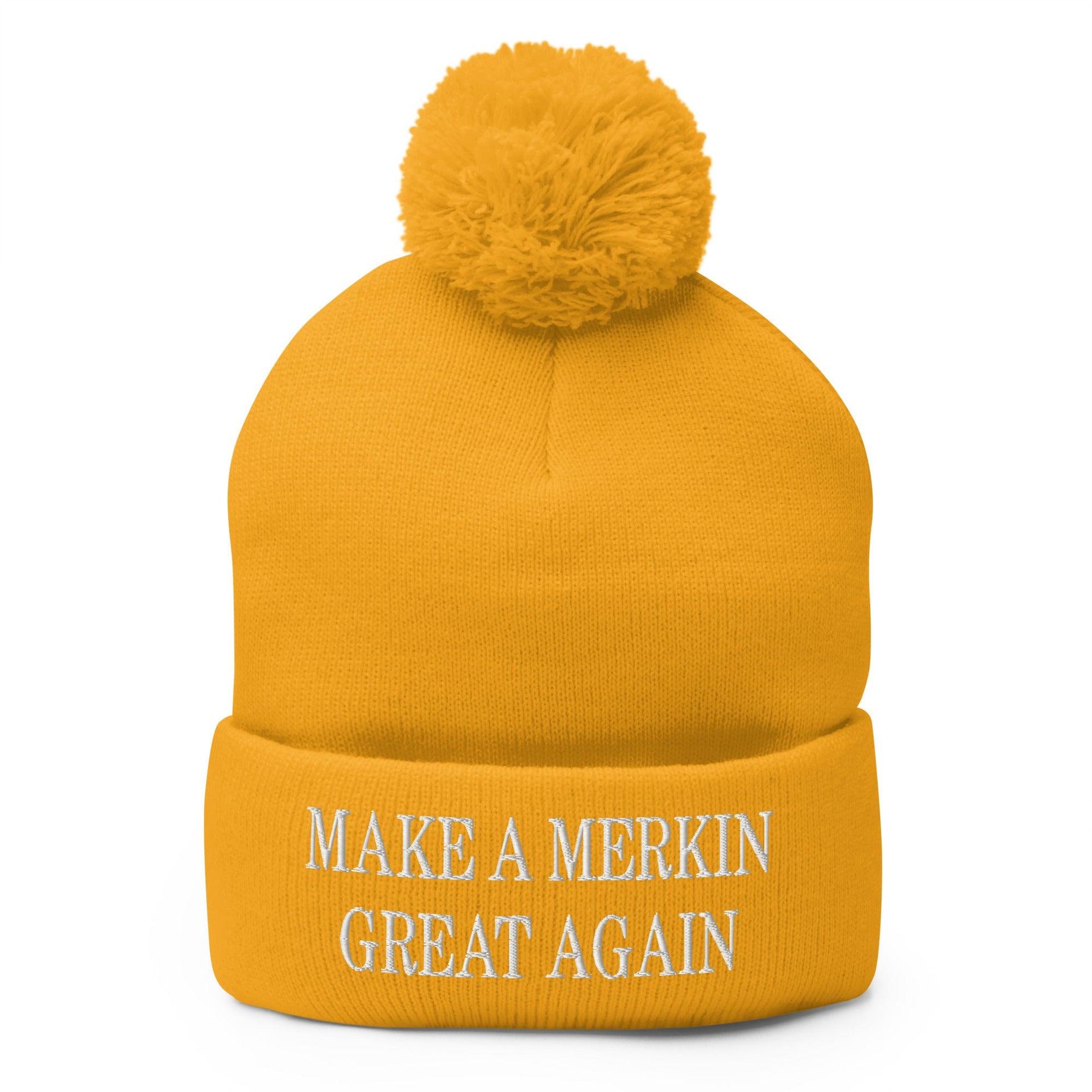 Make A Merkin Great Again Embroidered Knit Pom Pom Beanie Gold Beanies Capital Crowns Make Again