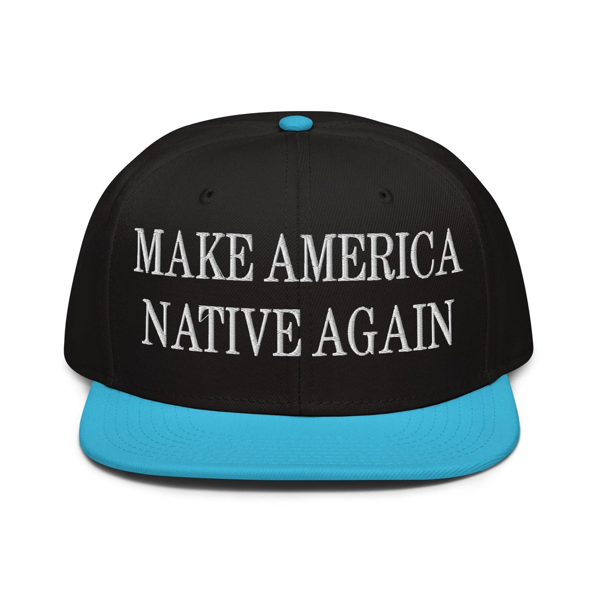 Make Us Native Again Embroidered Flat Brim Bill Snapback Hat Aqua blue Black Black Capital Crowns LADs Make Again Snapback Hats