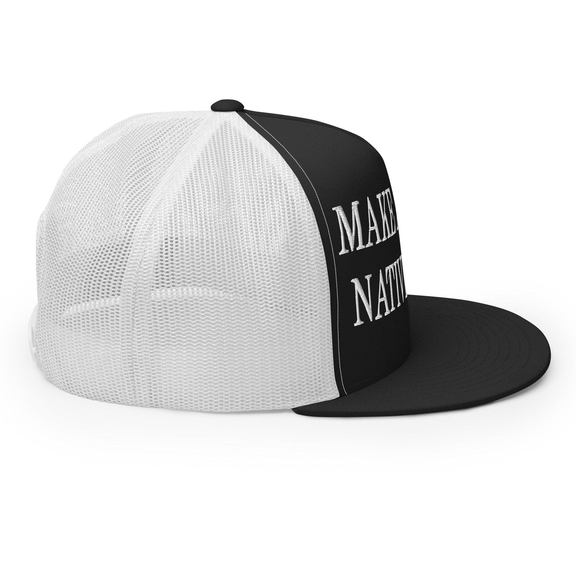 Make Us Native Again Embroidered Mesh Flat Bill Brim Trucker Hat Capital Crowns Make Again Trucker Hats