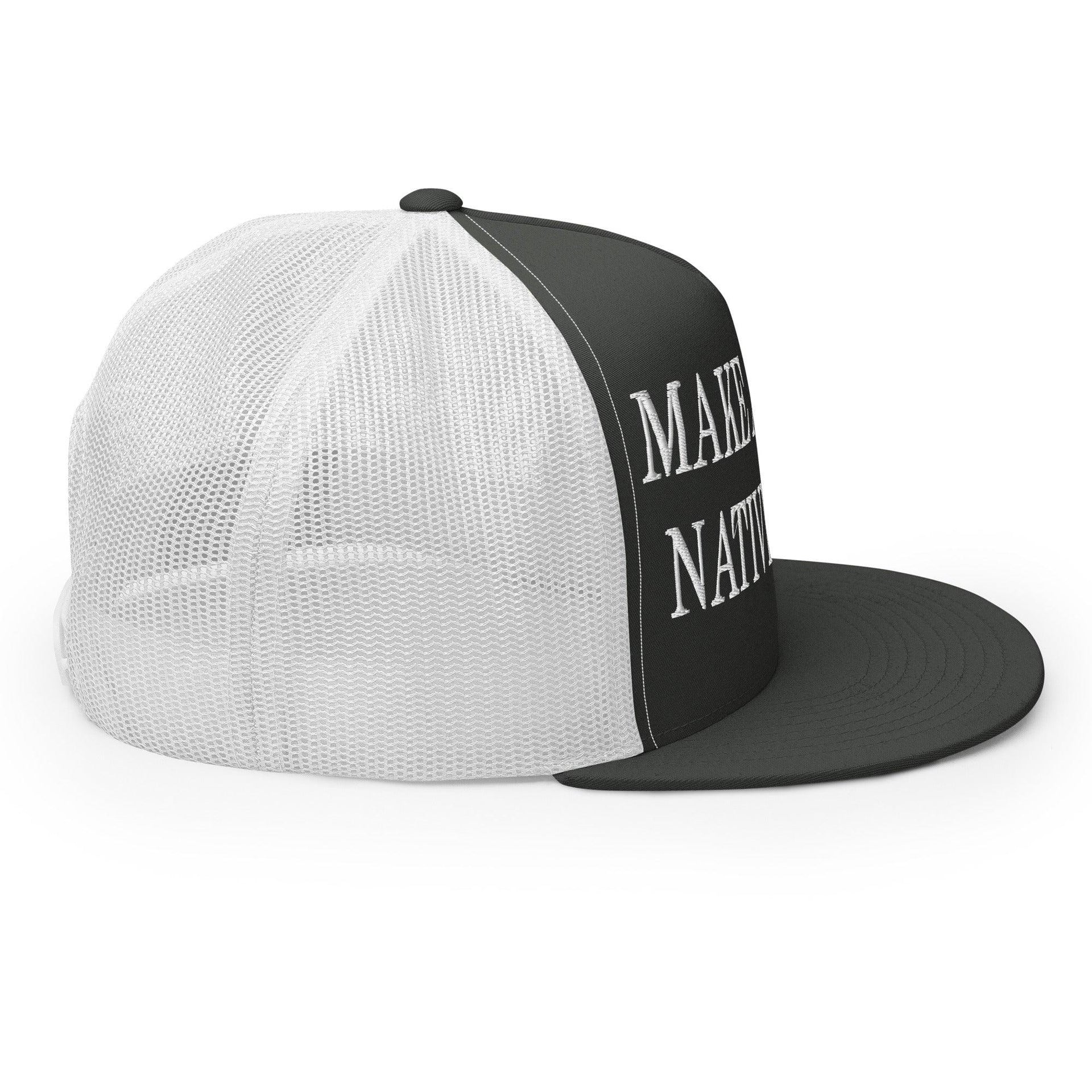 Make Us Native Again Embroidered Mesh Flat Bill Brim Trucker Hat Capital Crowns Make Again Trucker Hats