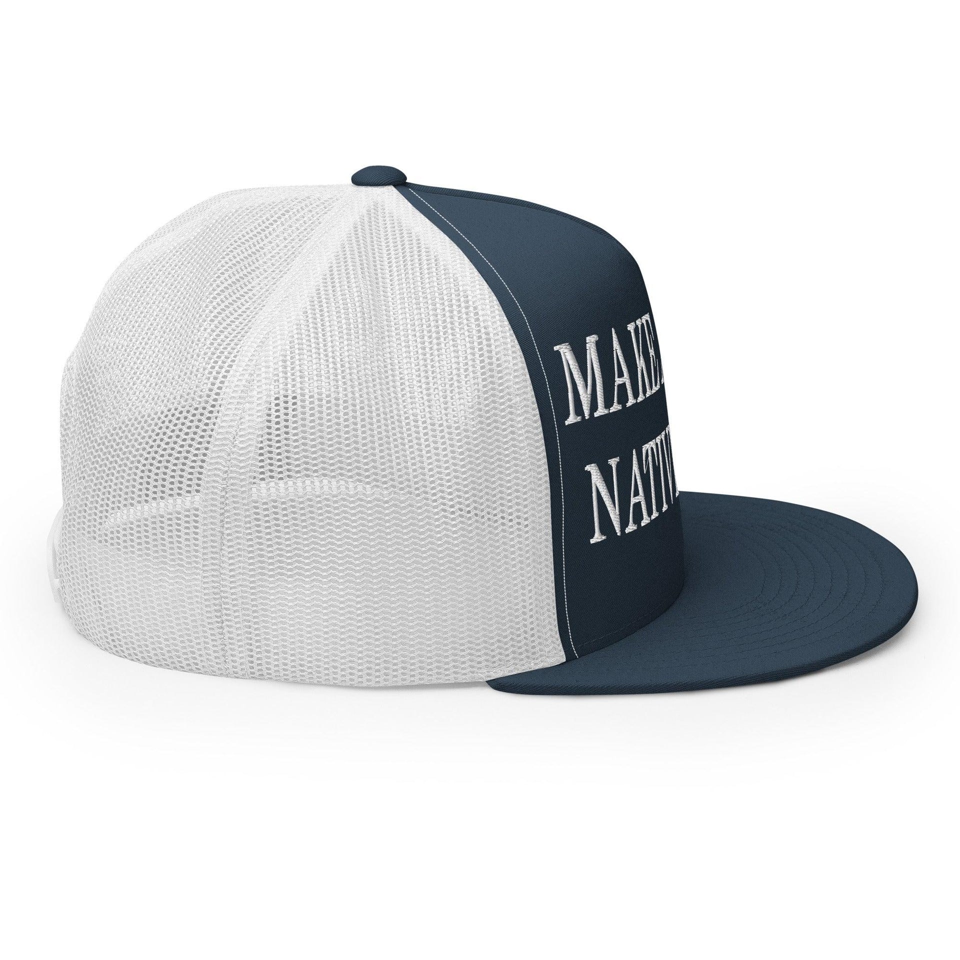 Make Us Native Again Embroidered Mesh Flat Bill Brim Trucker Hat Capital Crowns Make Again Trucker Hats