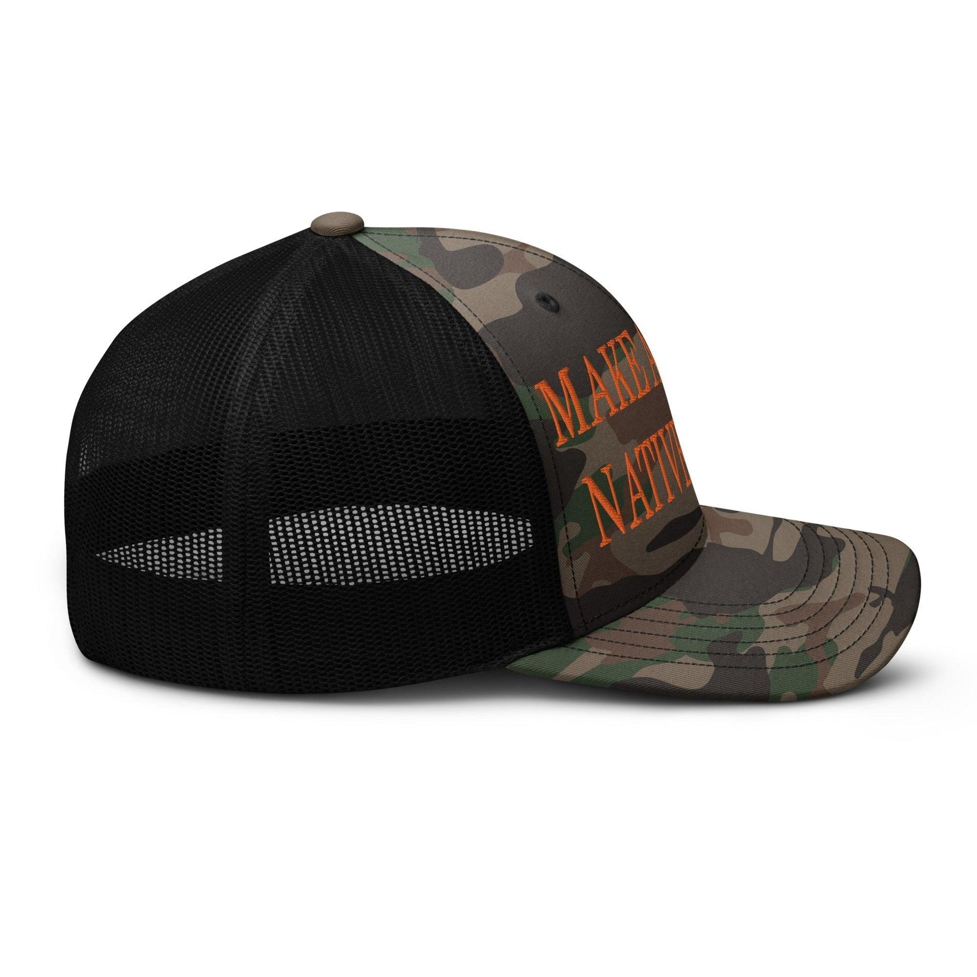 Make Us Native Again Embroidered Orange Camo Trucker Hat Capital Crowns Make Again Orange Camo Trucker Hats