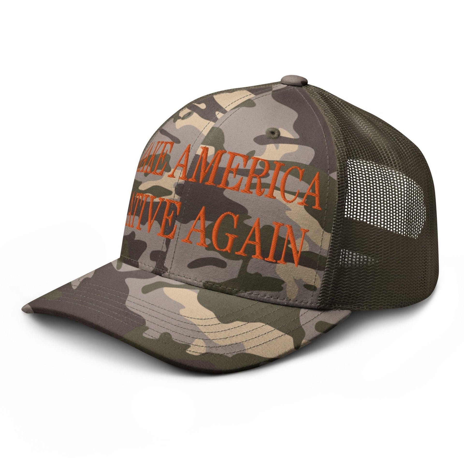 Make Us Native Again Embroidered Orange Camo Trucker Hat Capital Crowns Make Again Orange Camo Trucker Hats