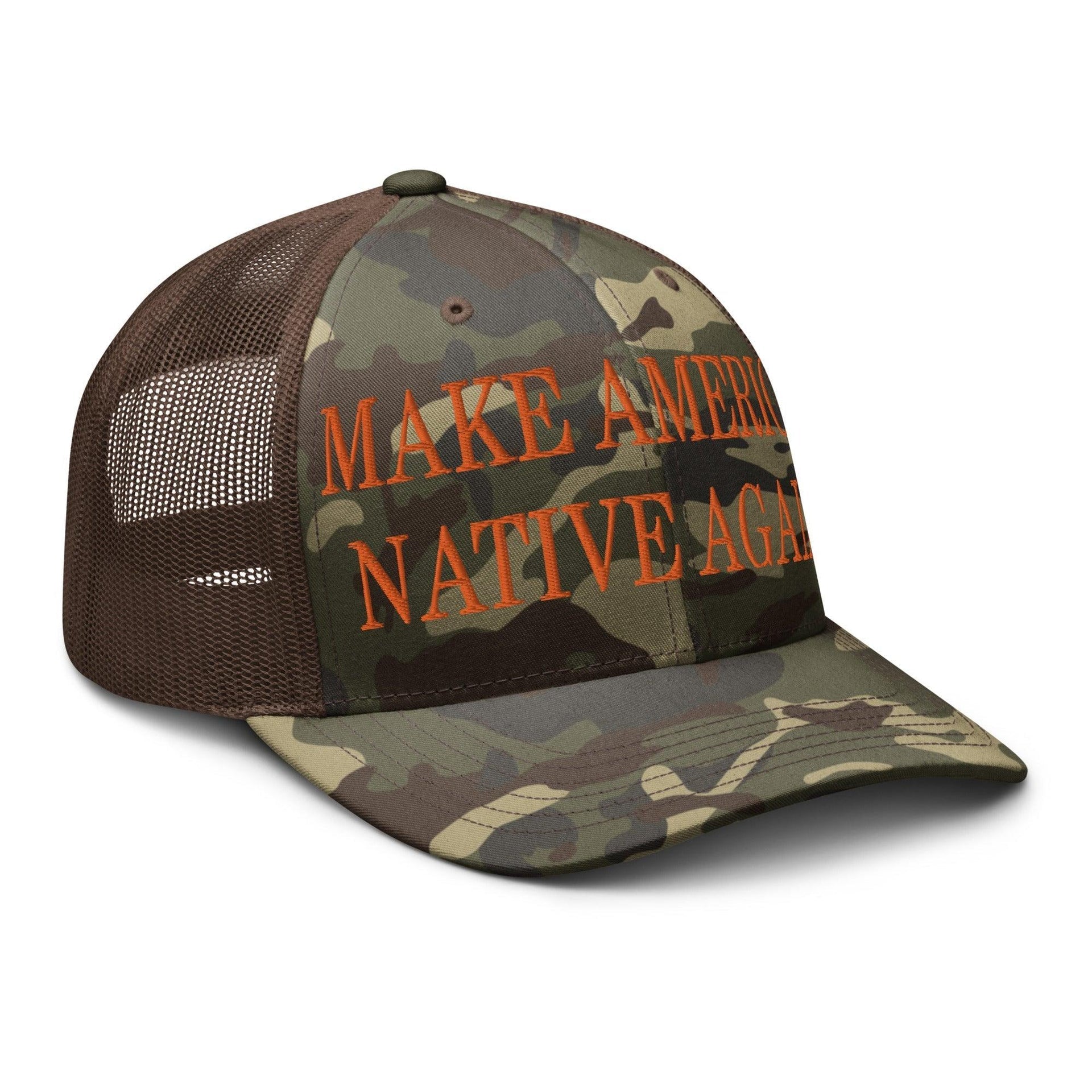 Make Us Native Again Embroidered Orange Camo Trucker Hat Capital Crowns Make Again Orange Camo Trucker Hats