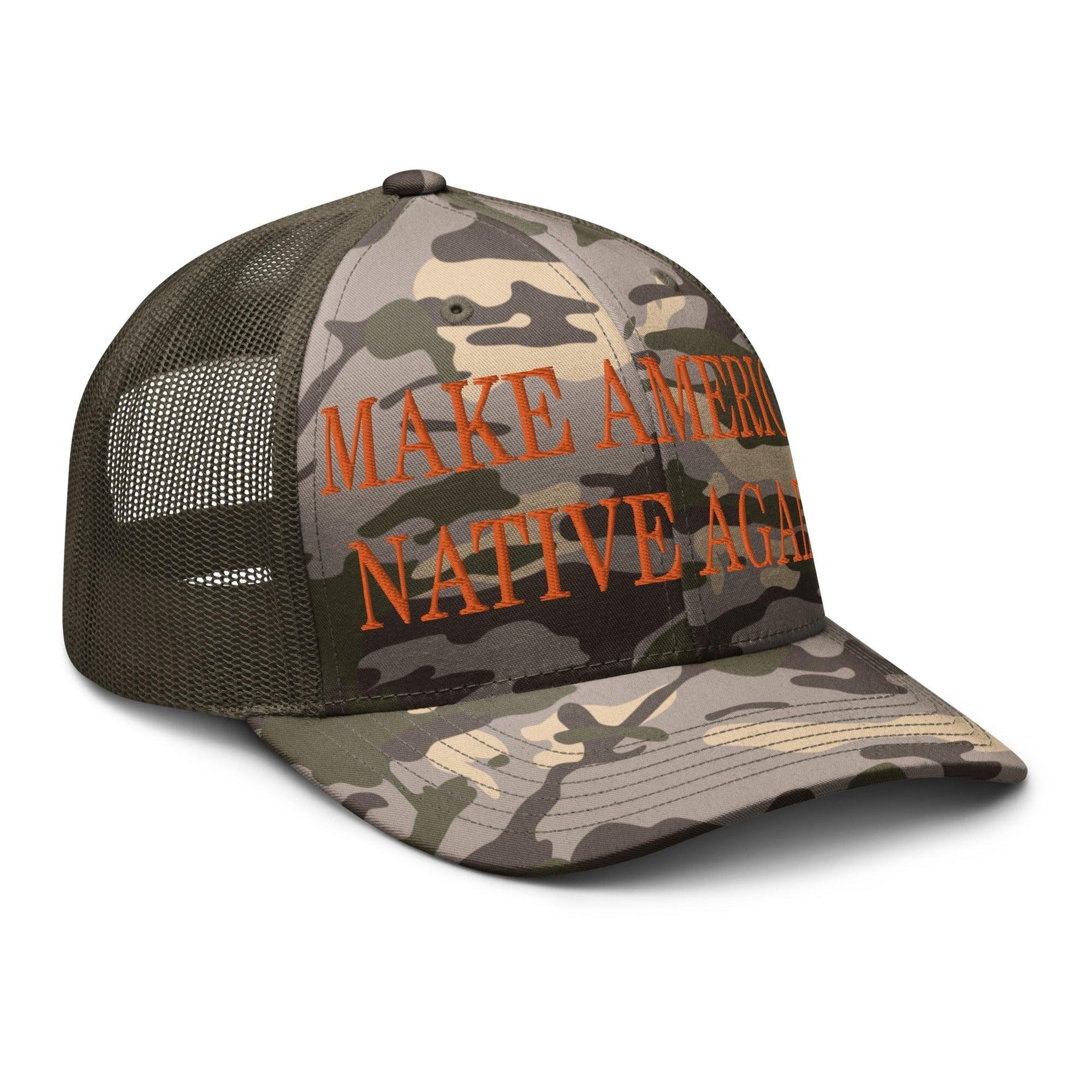 Make Us Native Again Embroidered Orange Camo Trucker Hat Capital Crowns Make Again Orange Camo Trucker Hats