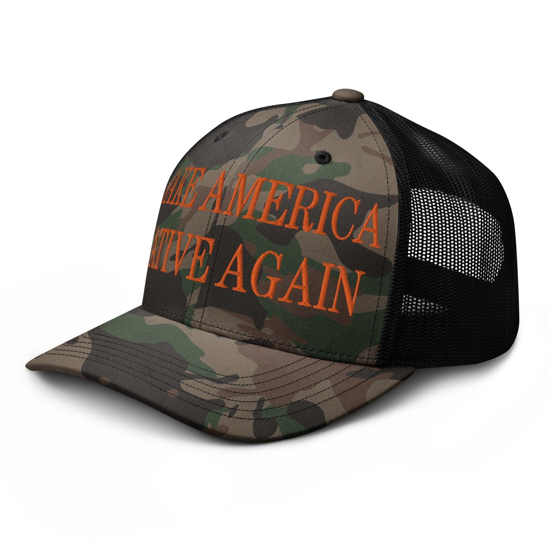 Make Us Native Again Embroidered Orange Camo Trucker Hat Capital Crowns Make Again Orange Camo Trucker Hats
