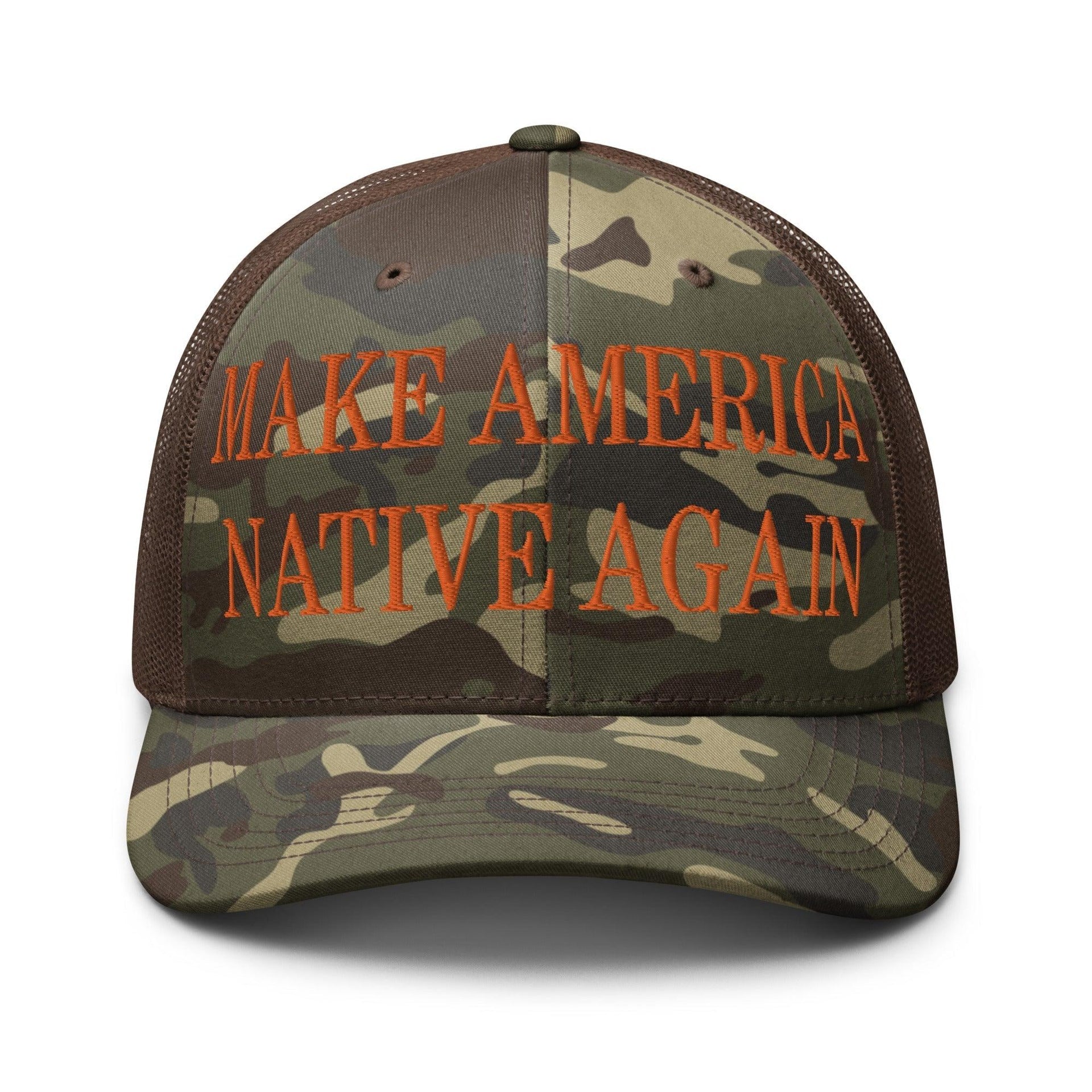 Make Us Native Again Embroidered Orange Camo Trucker Hat Camo Brown Capital Crowns Make Again Orange Camo Trucker Hats
