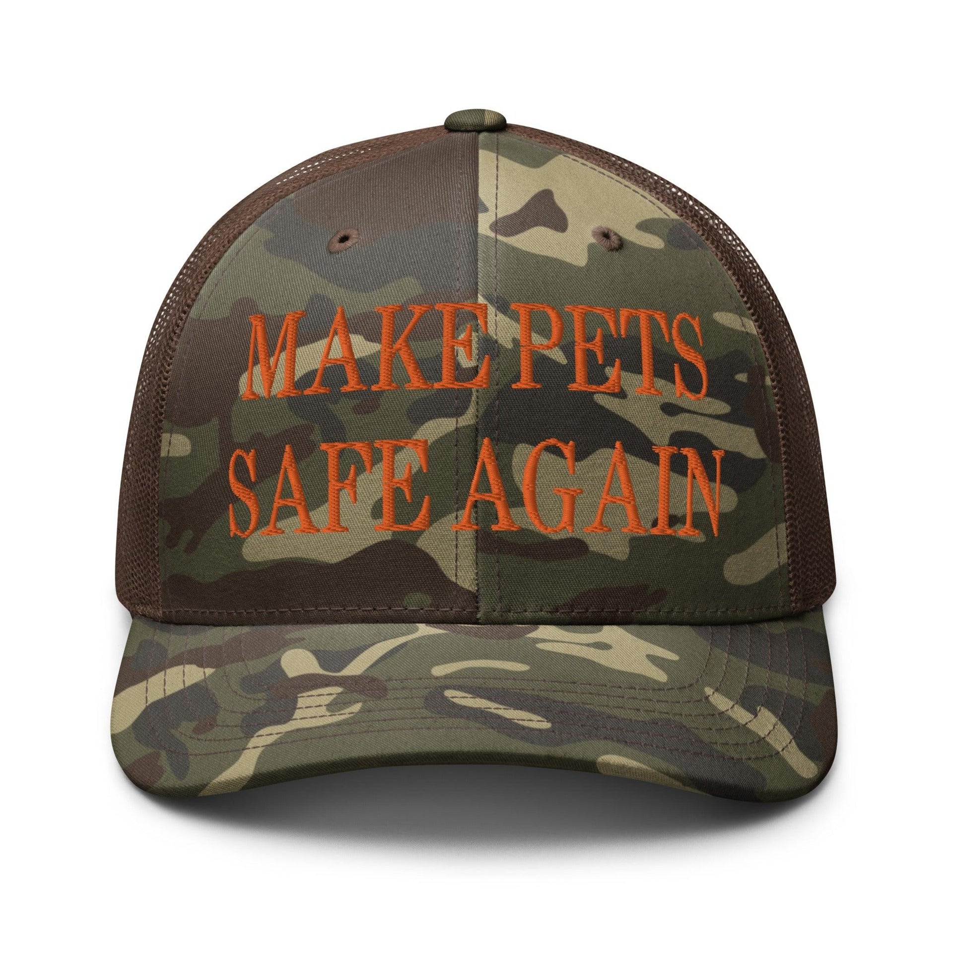 Make Pets Safe Again Embroidered Orange Camo Trucker Hat Camo Brown Capital Crowns Make Again Orange Camo Trucker Hats