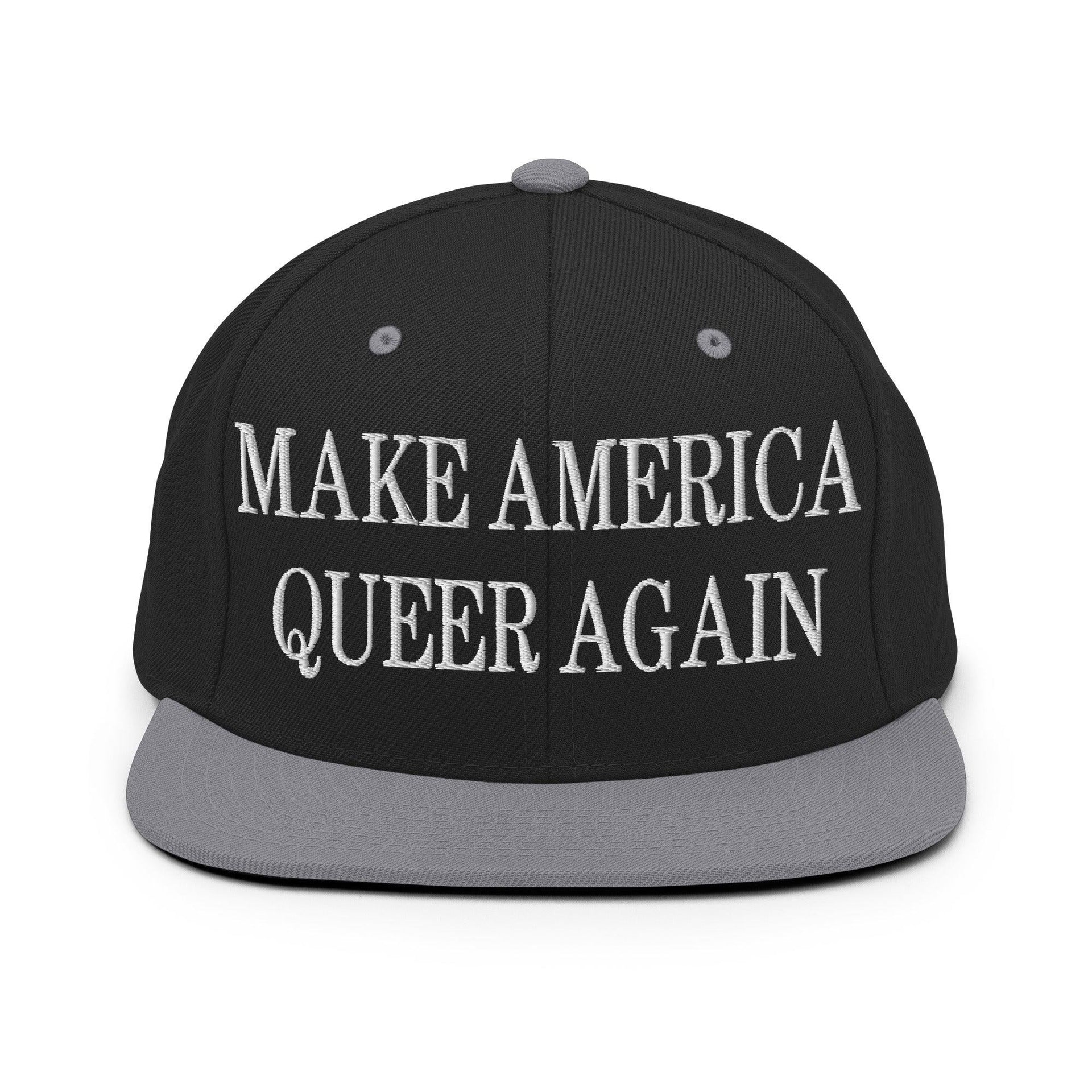 Make Us Queer Again Embroidered Flat Bill Brim Snapback Hat Black Silver Capital Crowns Make Again