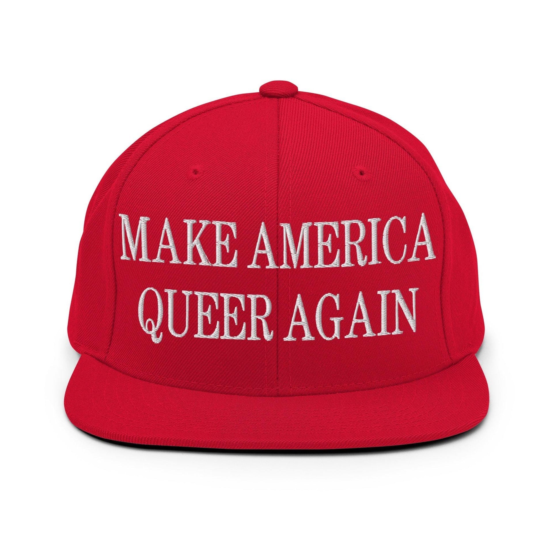 Make Us Queer Again Embroidered Flat Bill Brim Snapback Hat Red Capital Crowns Make Again