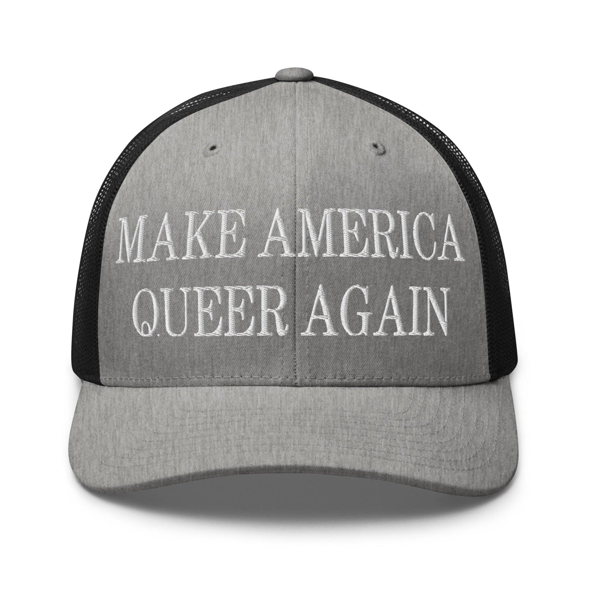Make Us Queer Again Embroidered Mesh Trucker Hat Heather Black Capital Crowns Make Again Trucker Hats
